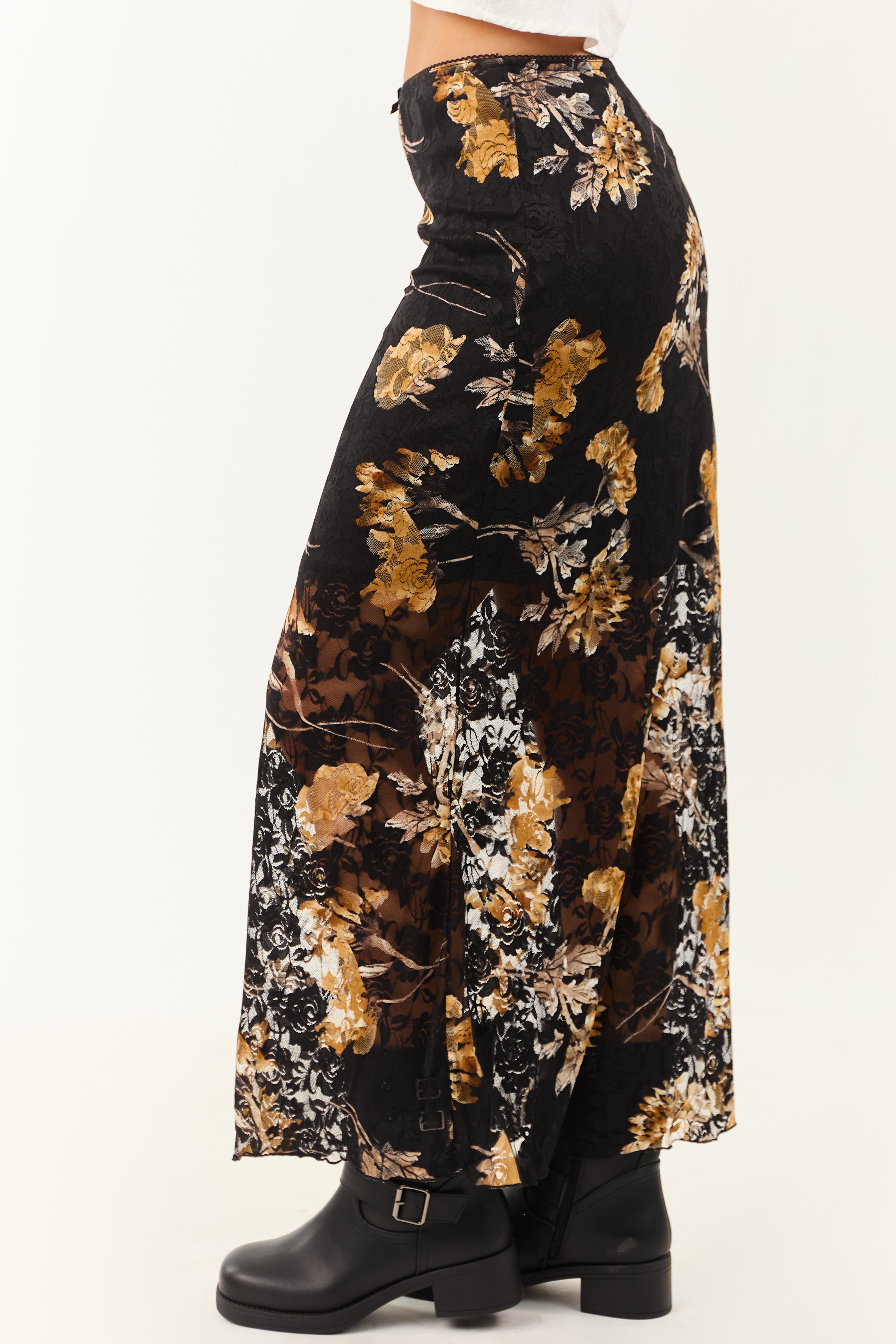 Black and Copper Floral Lace Maxi Skirt