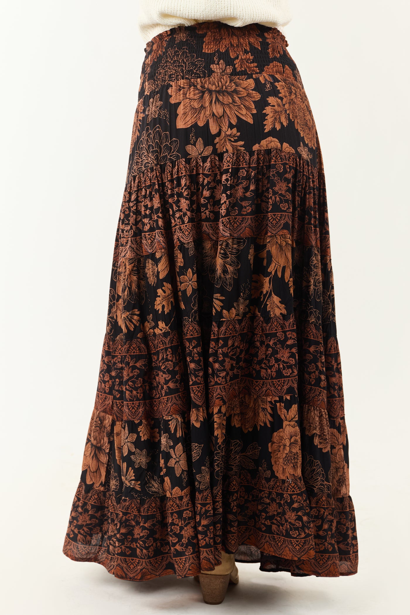 Black and Copper Floral Print Maxi Skirt