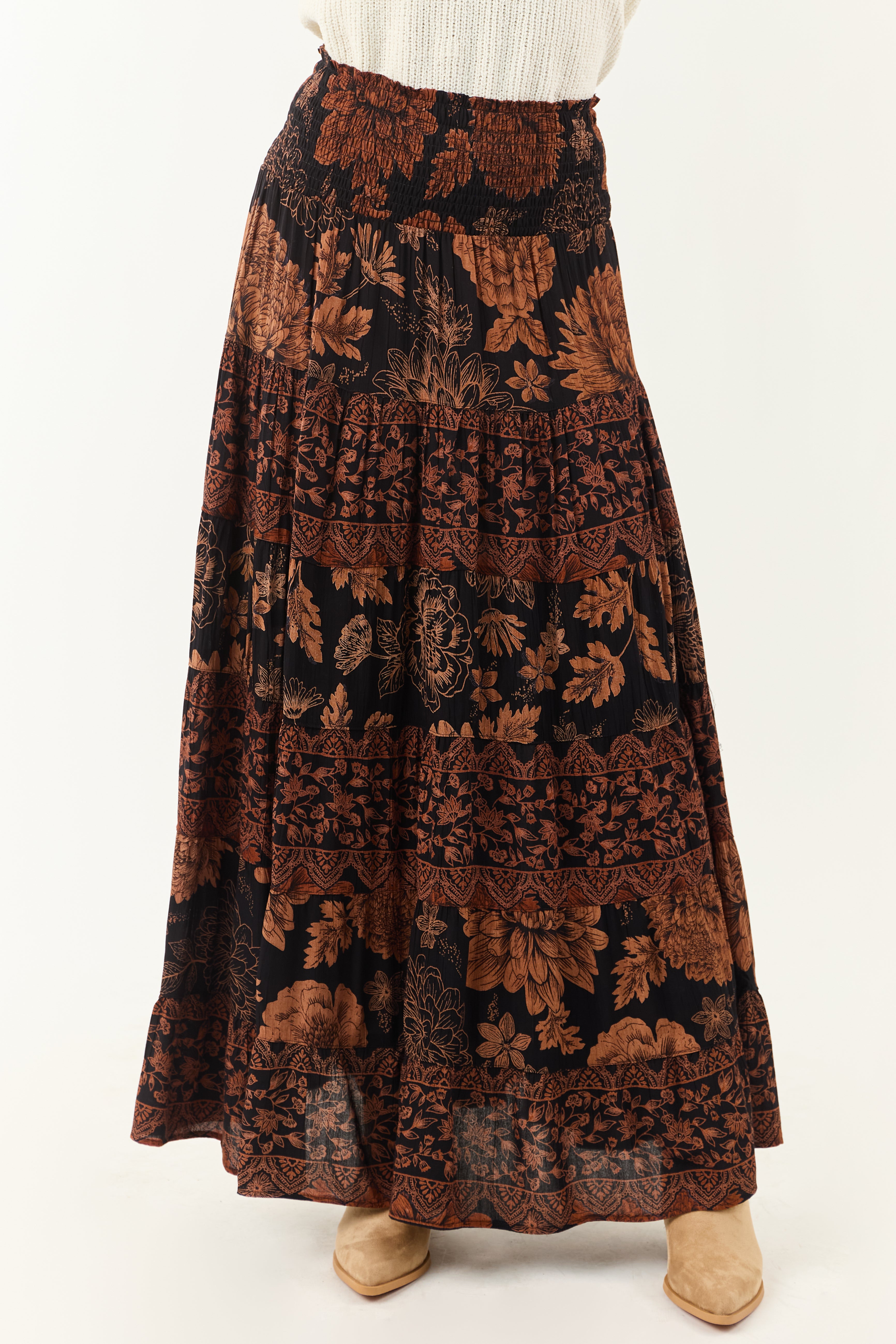 Black and Copper Floral Print Maxi Skirt