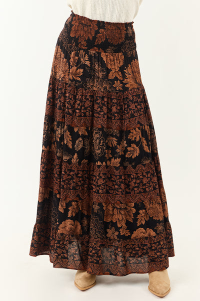 Black and Copper Floral Print Maxi Skirt