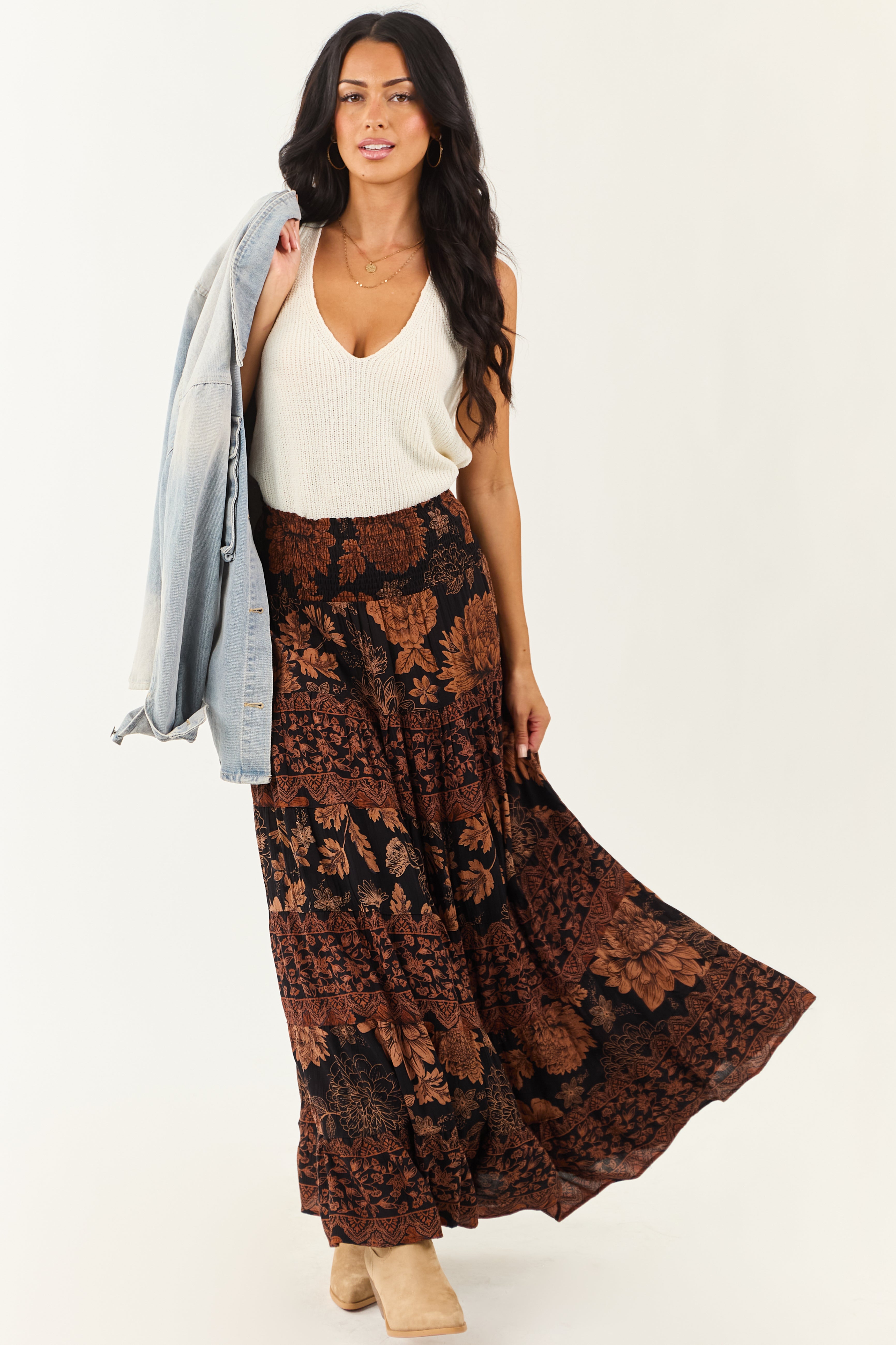 Black and Copper Floral Print Maxi Skirt