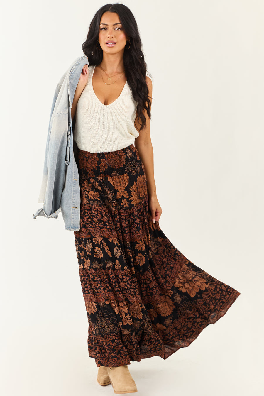Black and Copper Floral Print Maxi Skirt
