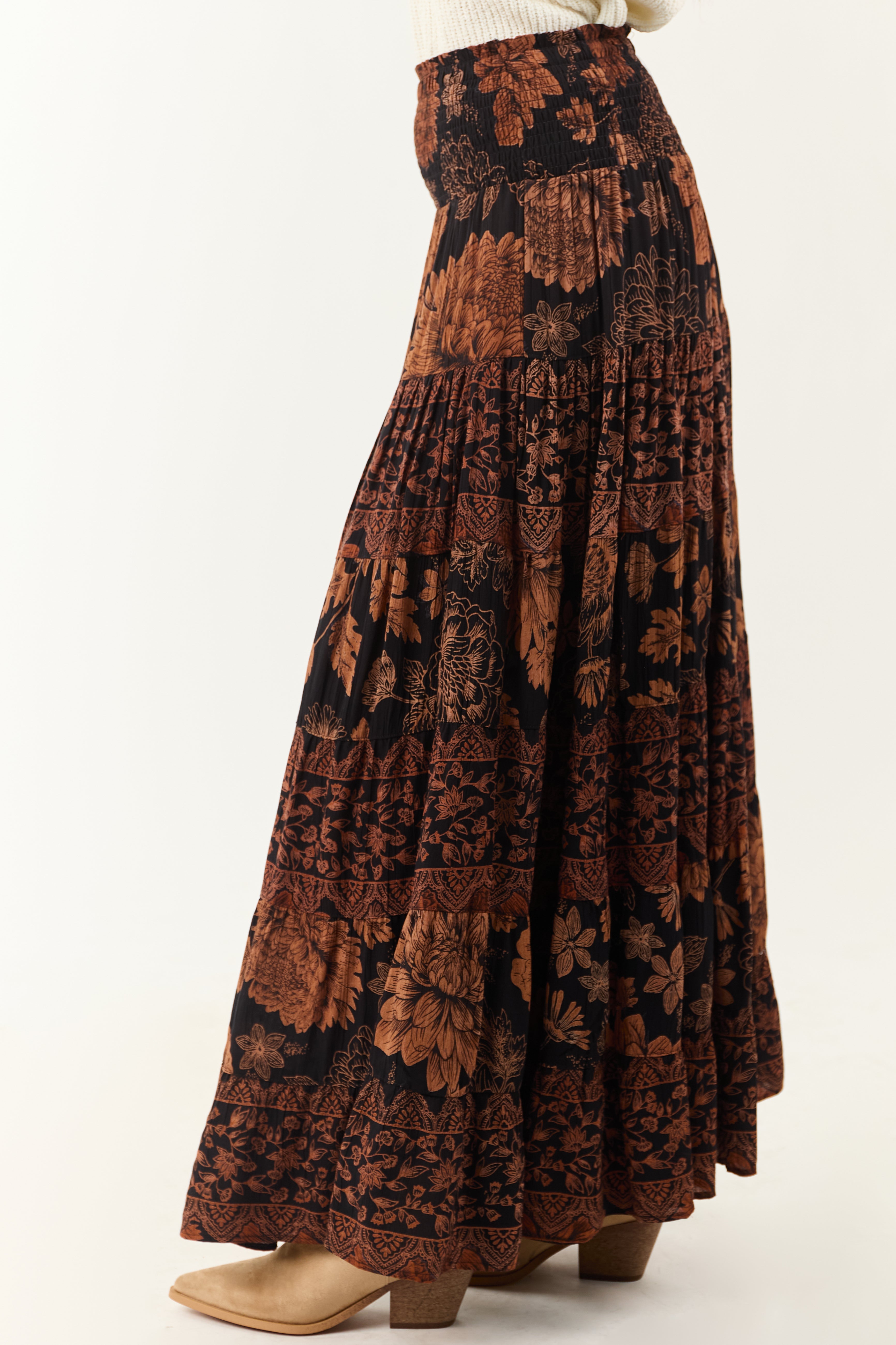 Black and Copper Floral Print Maxi Skirt