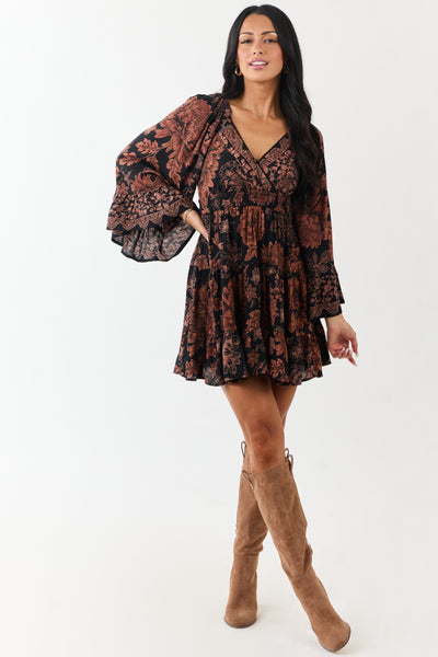 Black and Copper Floral Surplice Neckline Mini Dress