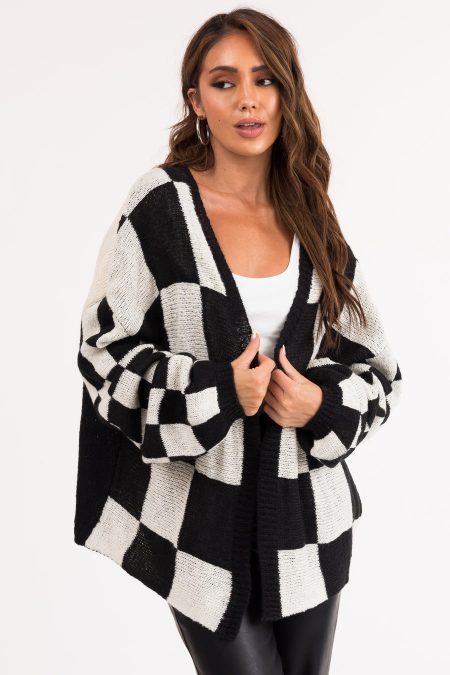 Black and Cream Checkered Open Front Cardigan