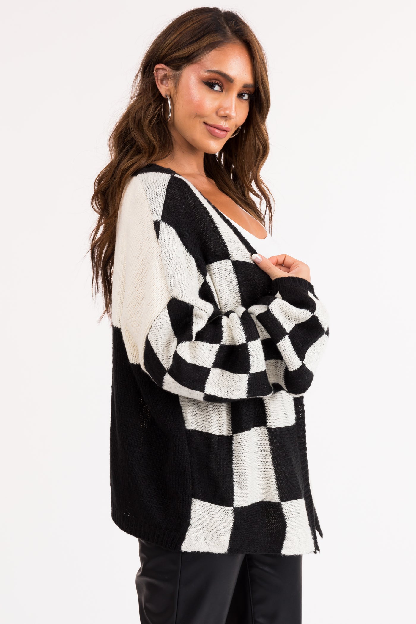 Black and Cream Checkered Open Front Cardigan