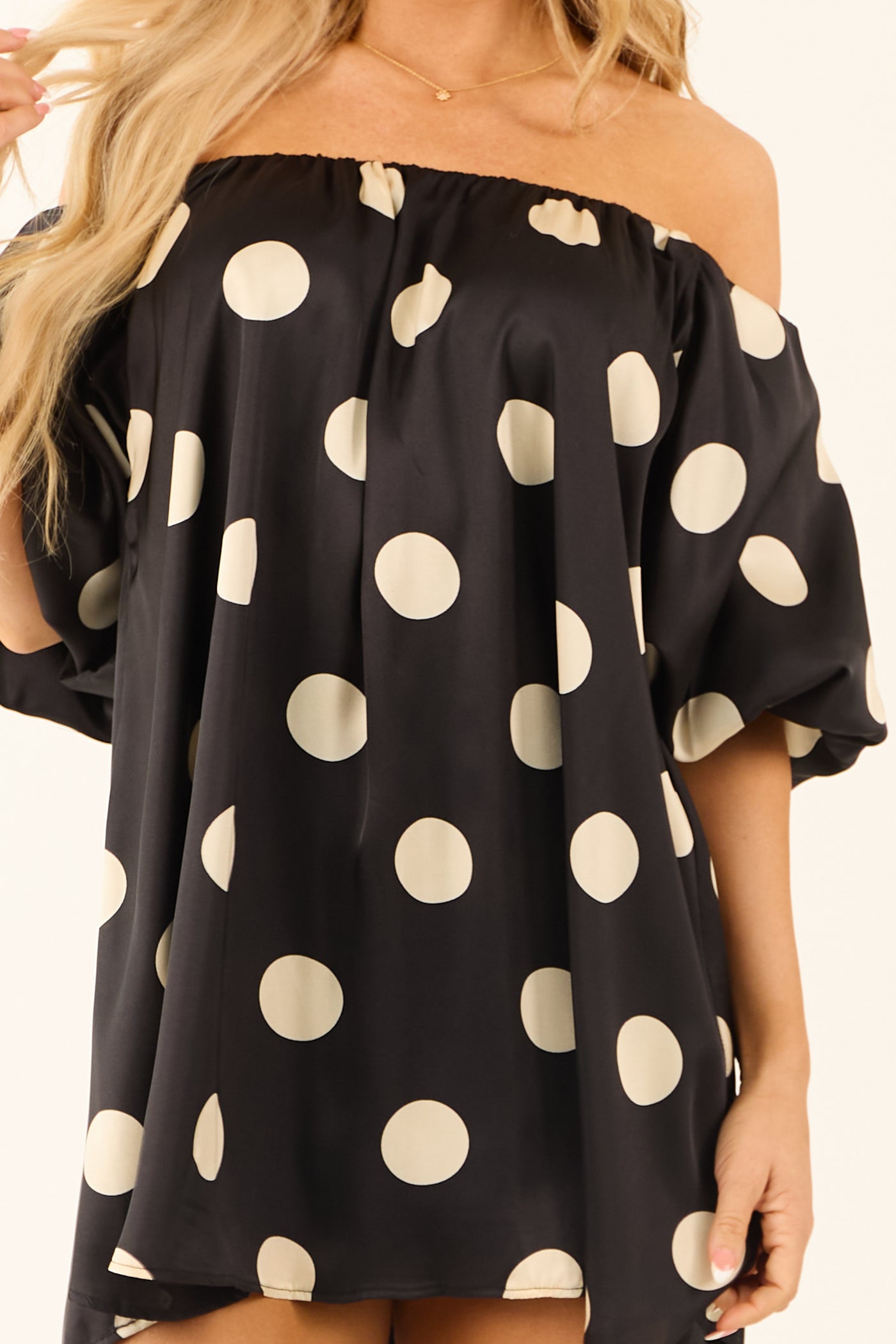 Black and Cream Polka Dot Off Shoulder Mini Dress Black and Cream Polka Dot Off Shoulder Mini Dress