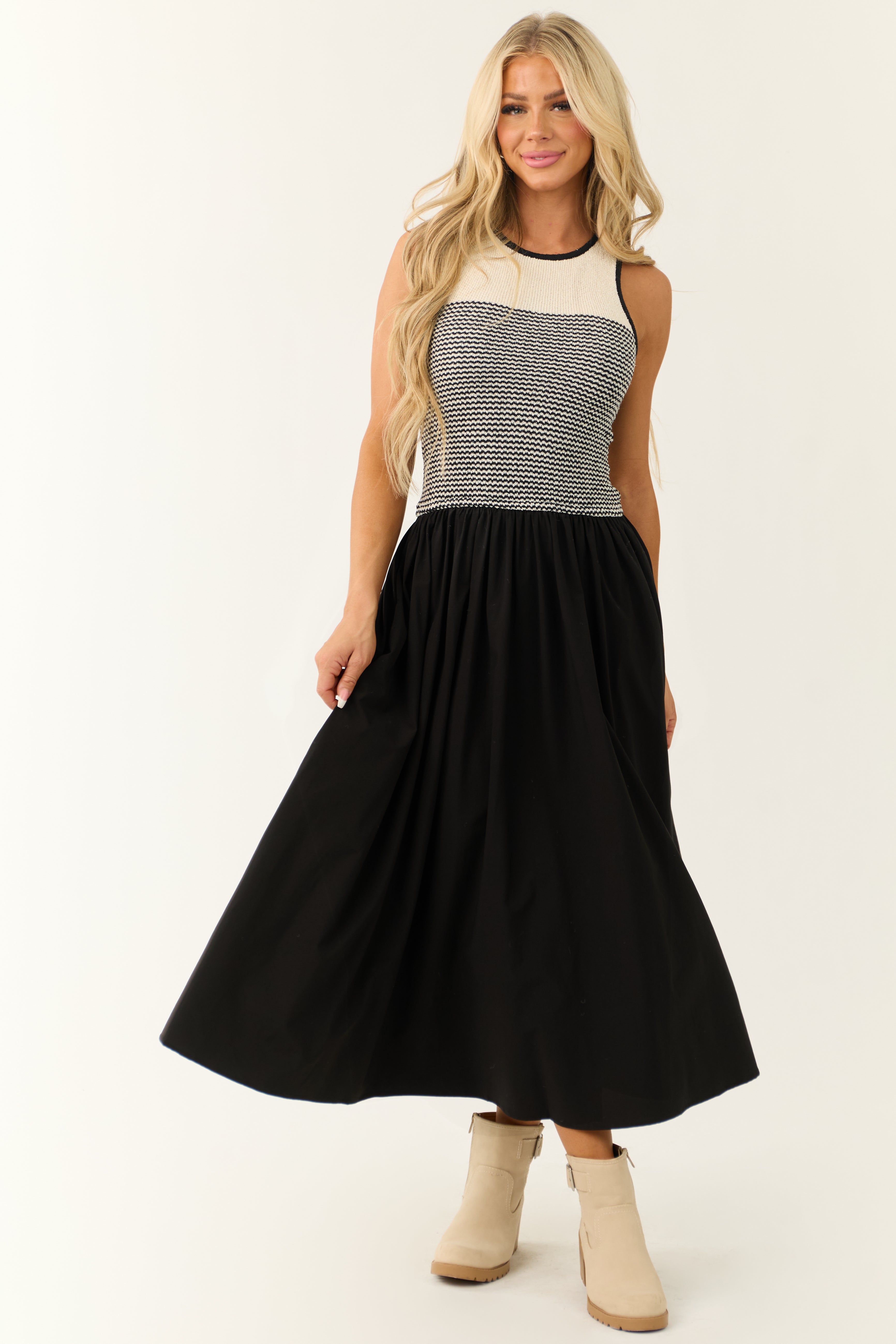 Black and Cream Sleeveless Striped Midi Dress - S Black and Cream Sleeveless Striped Midi Dress - S