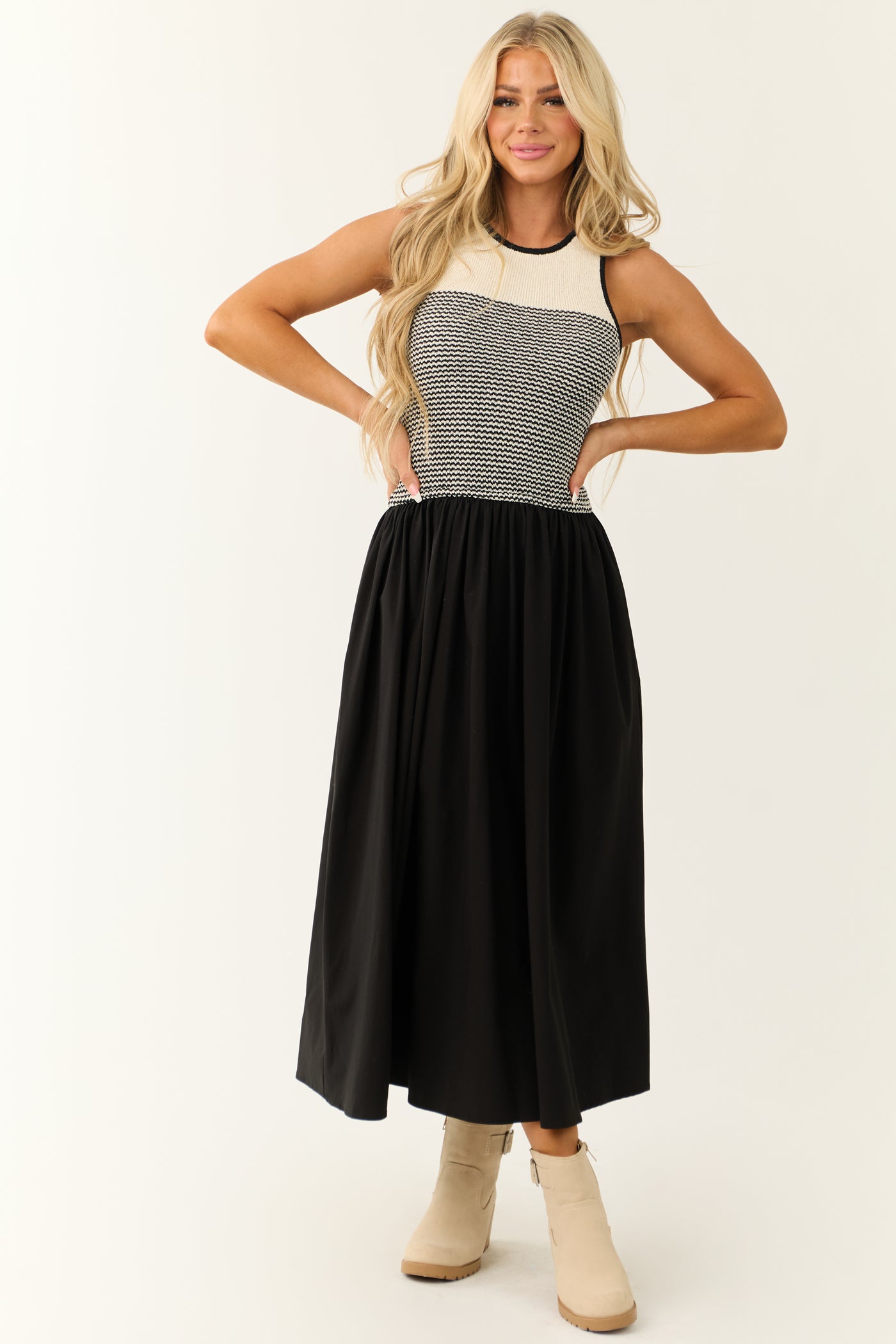 knee length dresses for ladies Sleeveless Crochet Striped Midi Dress main image 1