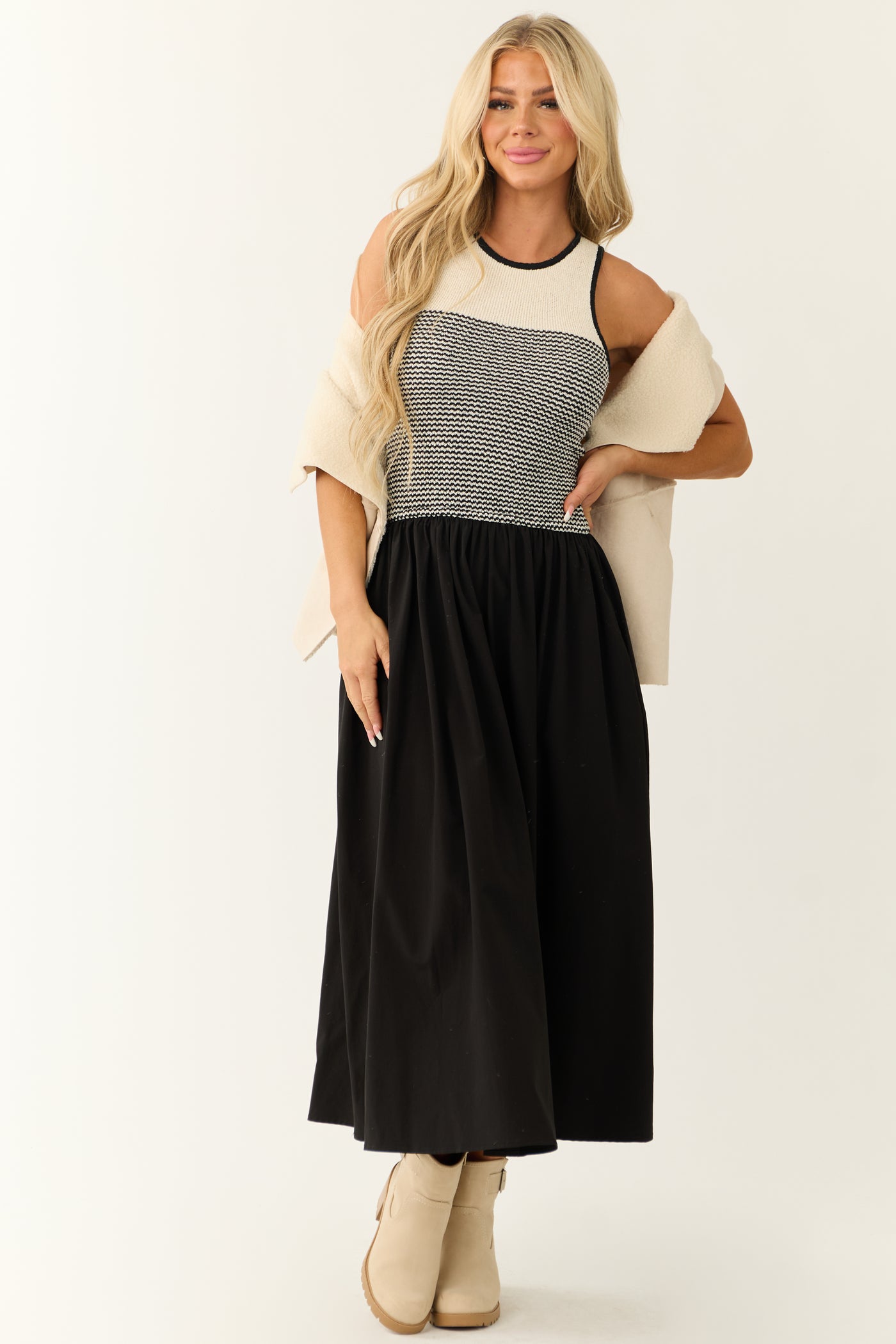 Black and Cream Sleeveless Striped Midi Dress | Lime Lush Boutique Black and Cream Sleeveless Striped Midi Dress | Lime Lush Boutique