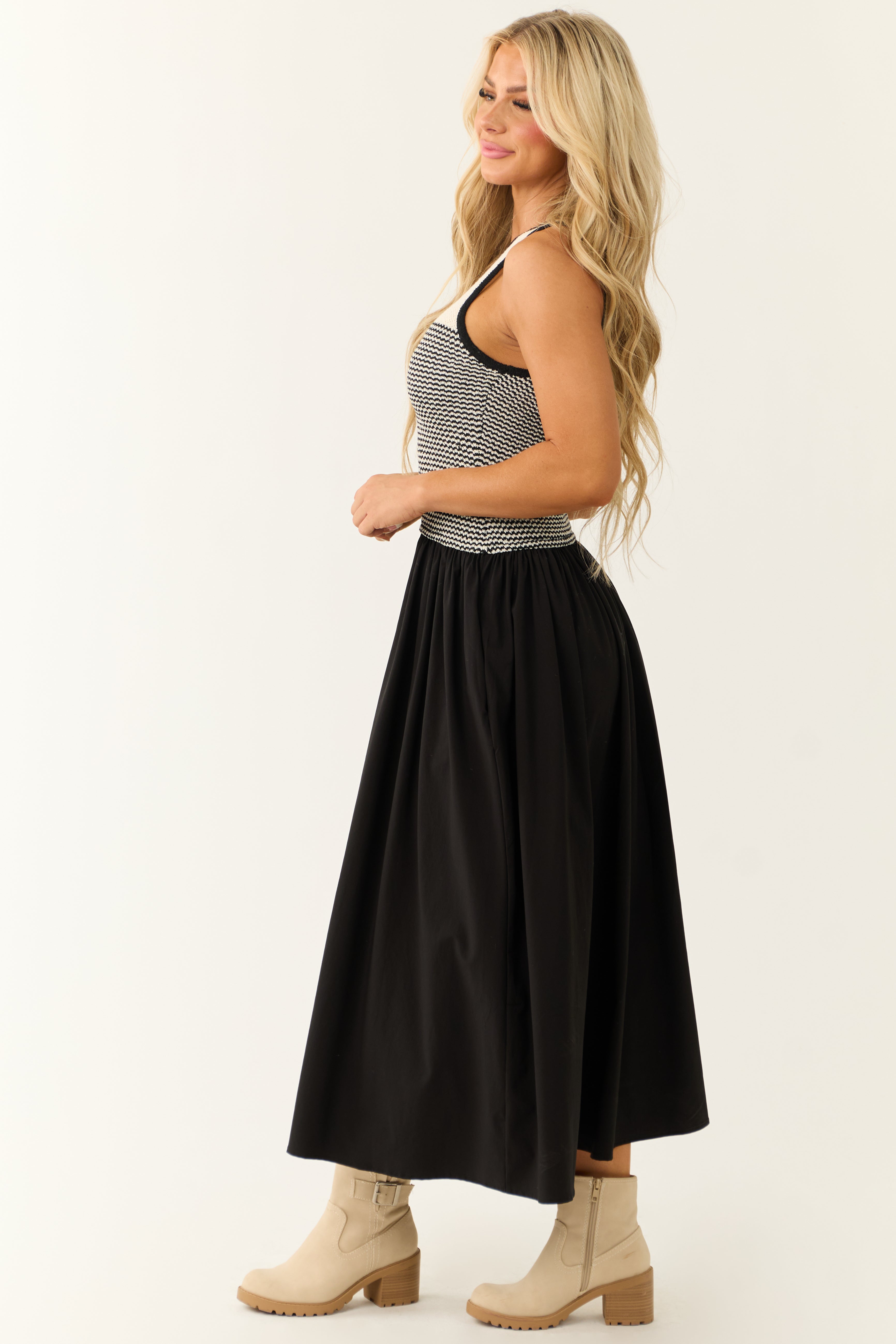 Black and Cream Sleeveless Striped Midi Dress | Lime Lush Boutique Black and Cream Sleeveless Striped Midi Dress | Lime Lush Boutique