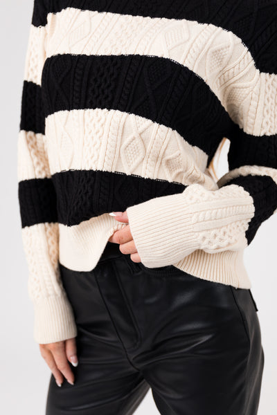 Black and Cream Striped Cable Knit Sweater