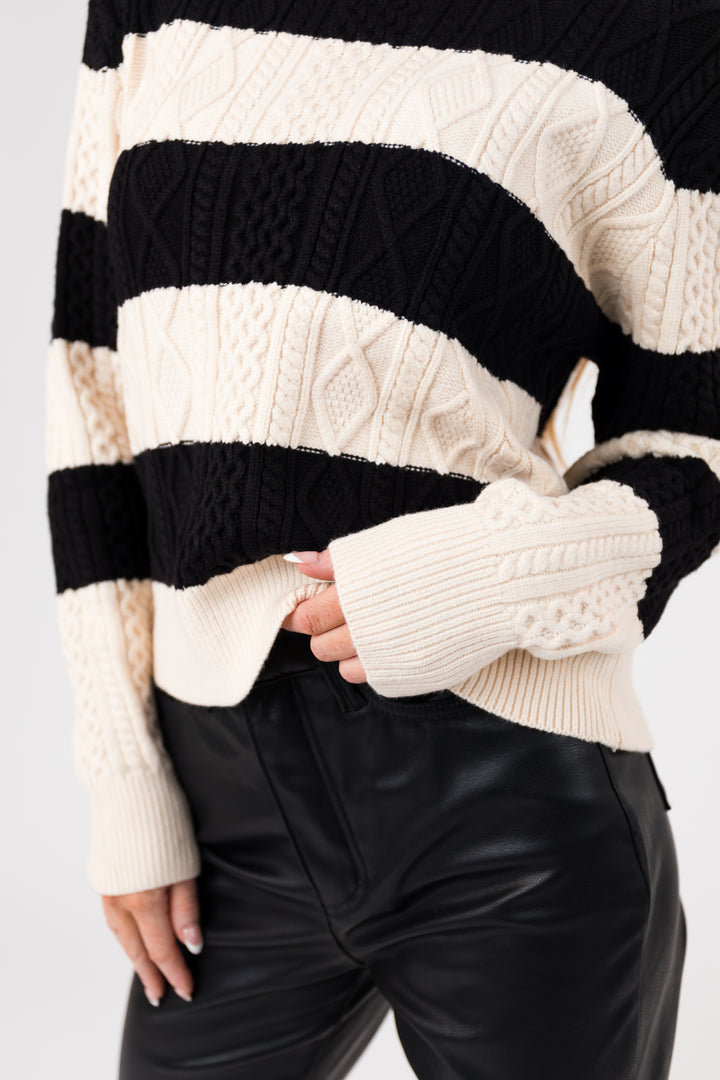 Black and Cream Striped Cable Knit Sweater
