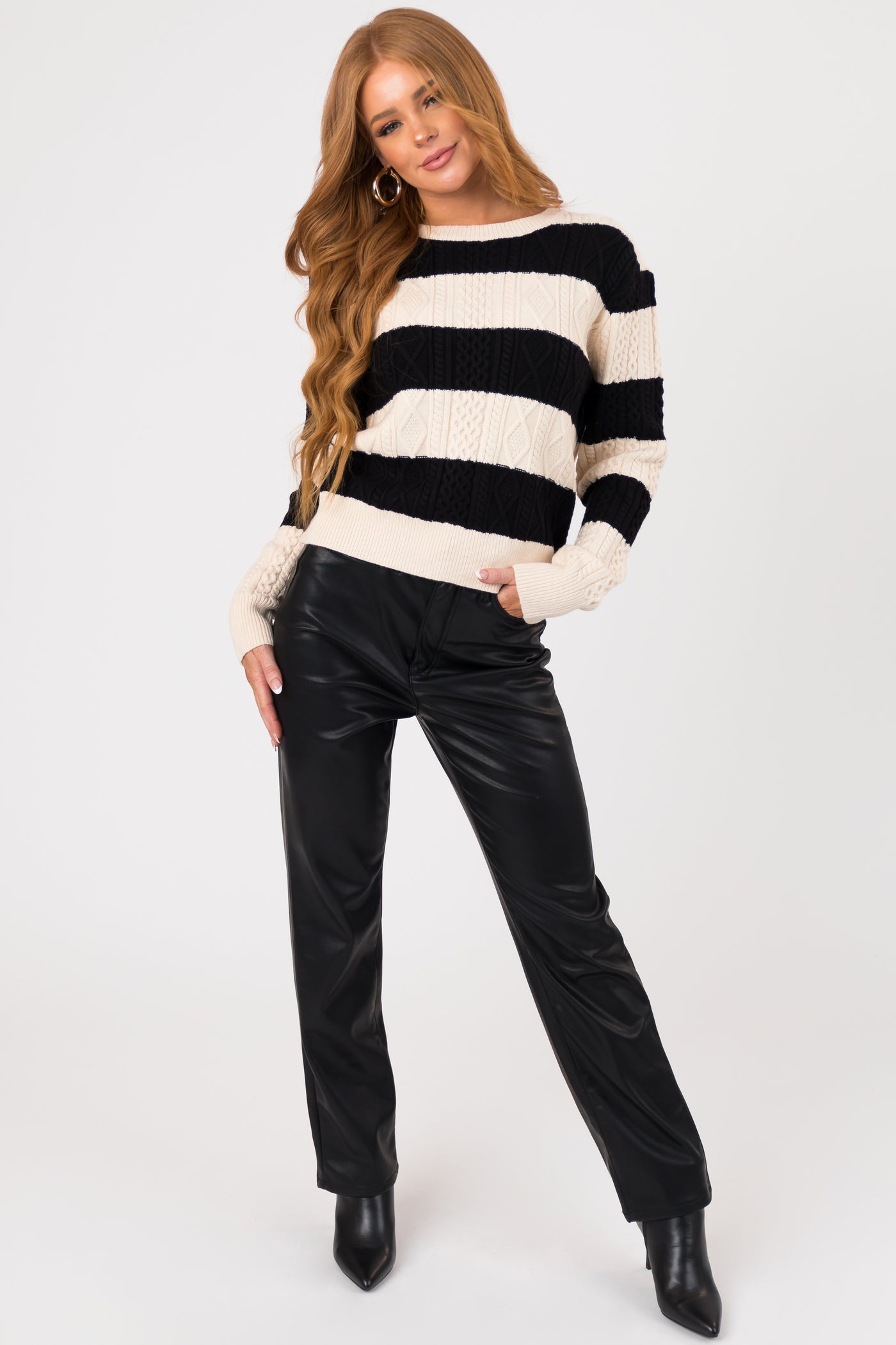 Black and Cream Striped Cable Knit Sweater