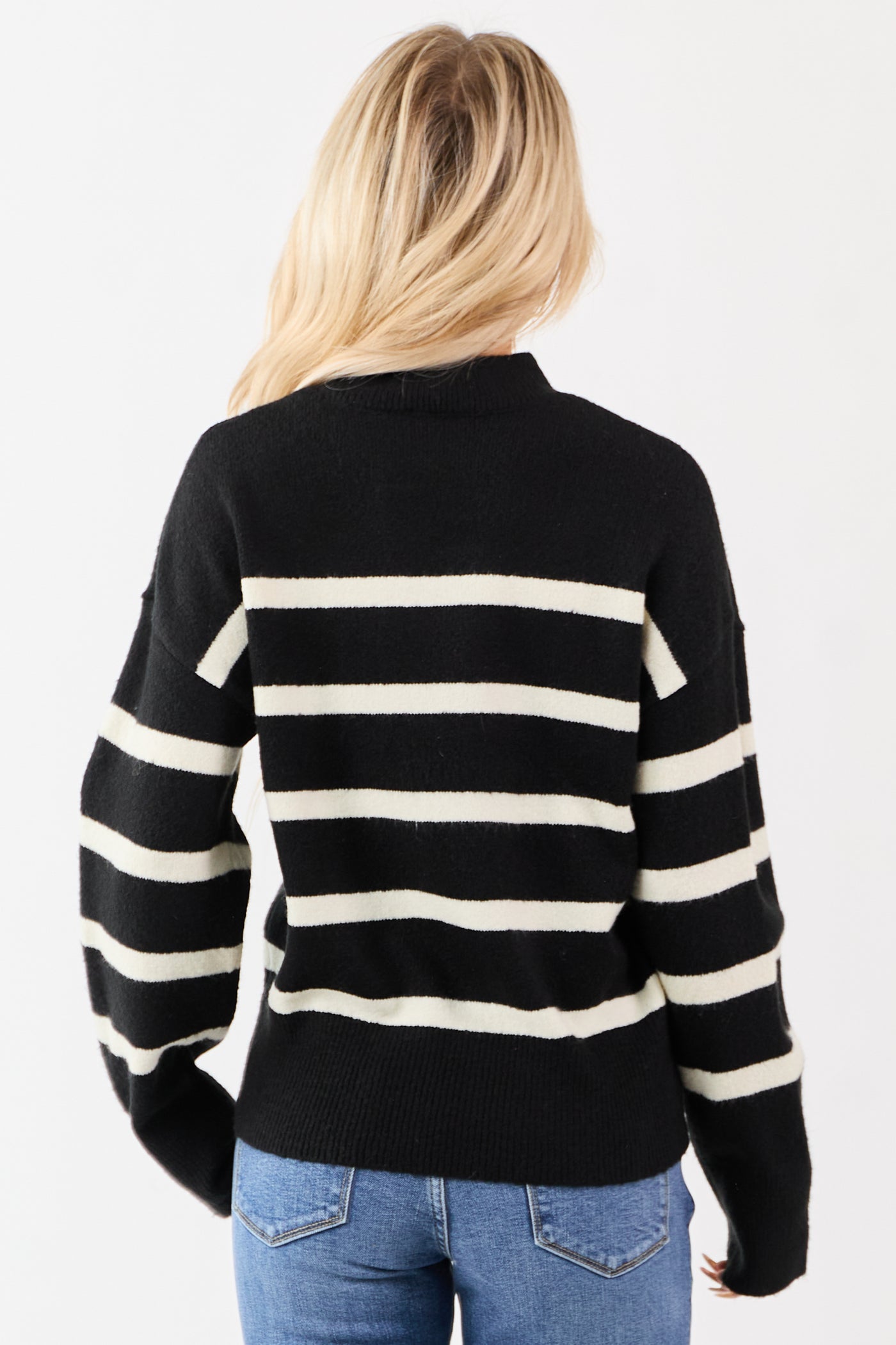Black and Cream Striped Mock Neck Knit Sweater