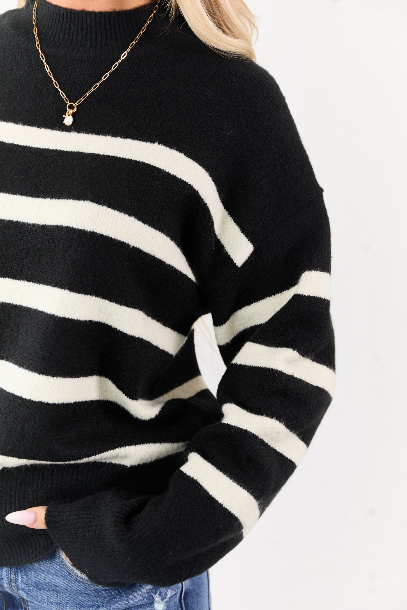 Black and Cream Striped Mock Neck Knit Sweater