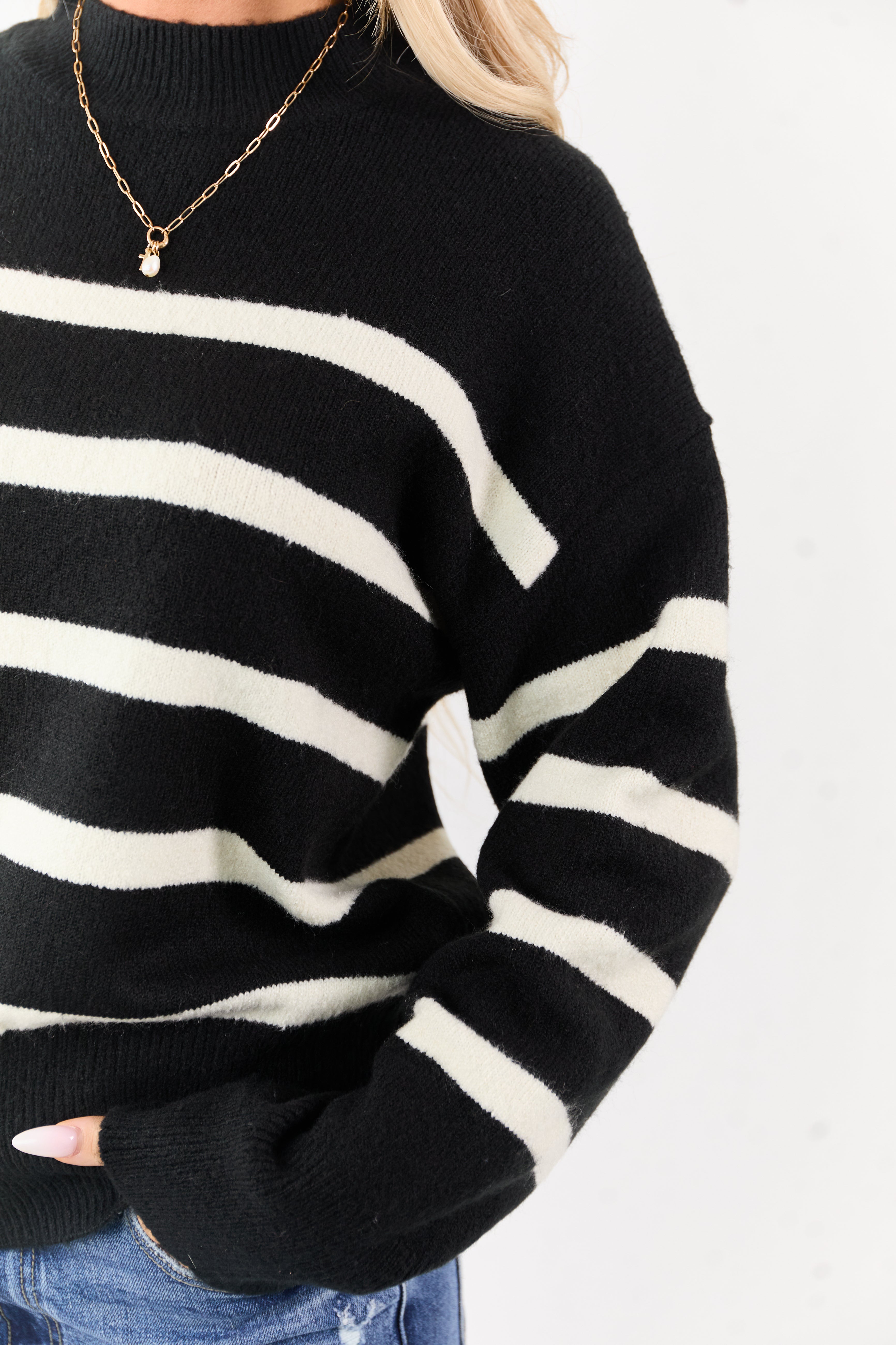 Black and Cream Striped Mock Neck Knit Sweater