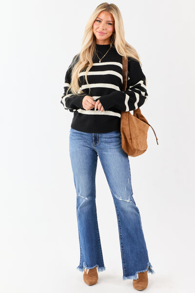 Black and Cream Striped Mock Neck Knit Sweater