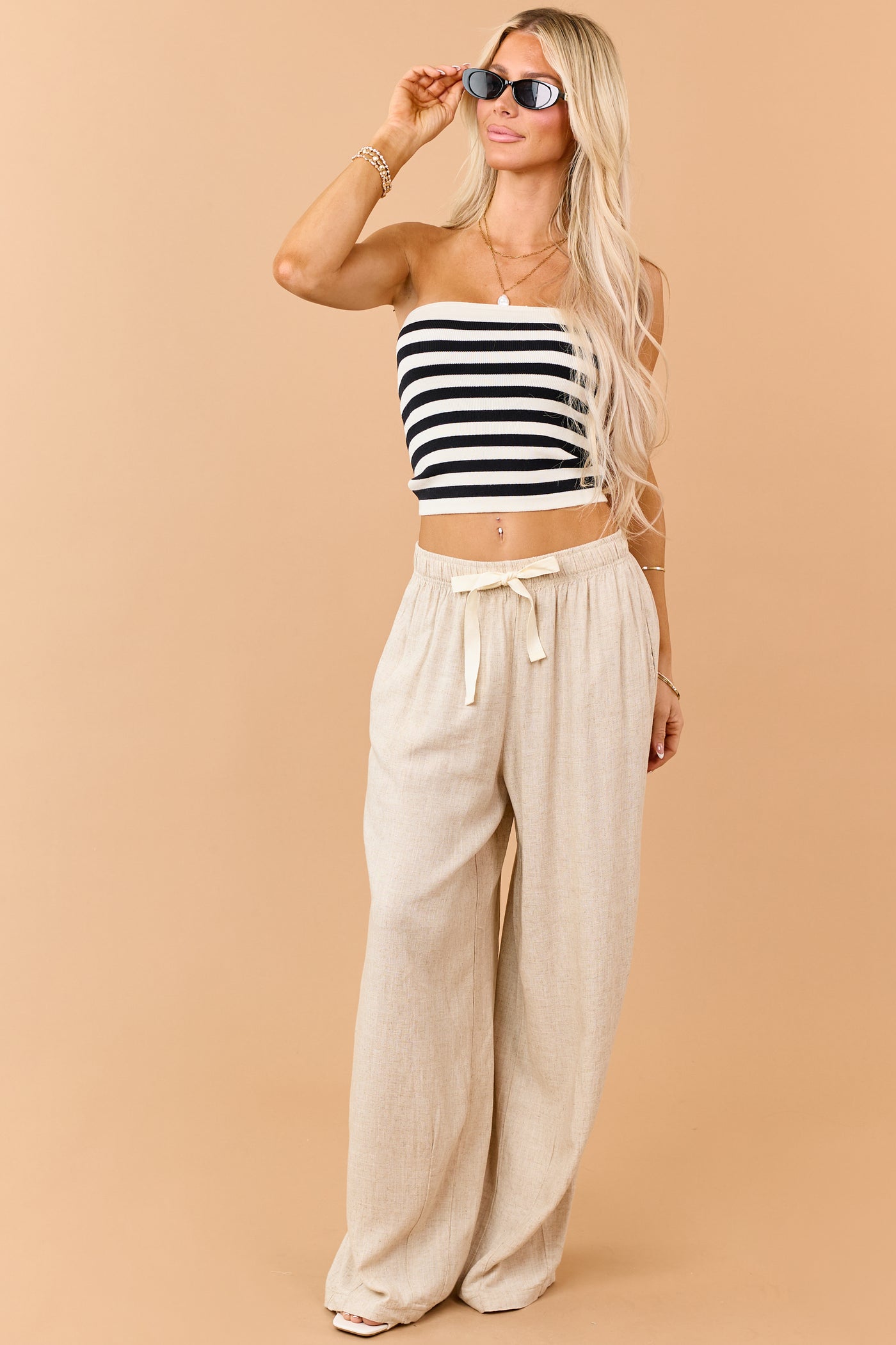 Black and Cream Striped Rib Knit Strapless Top