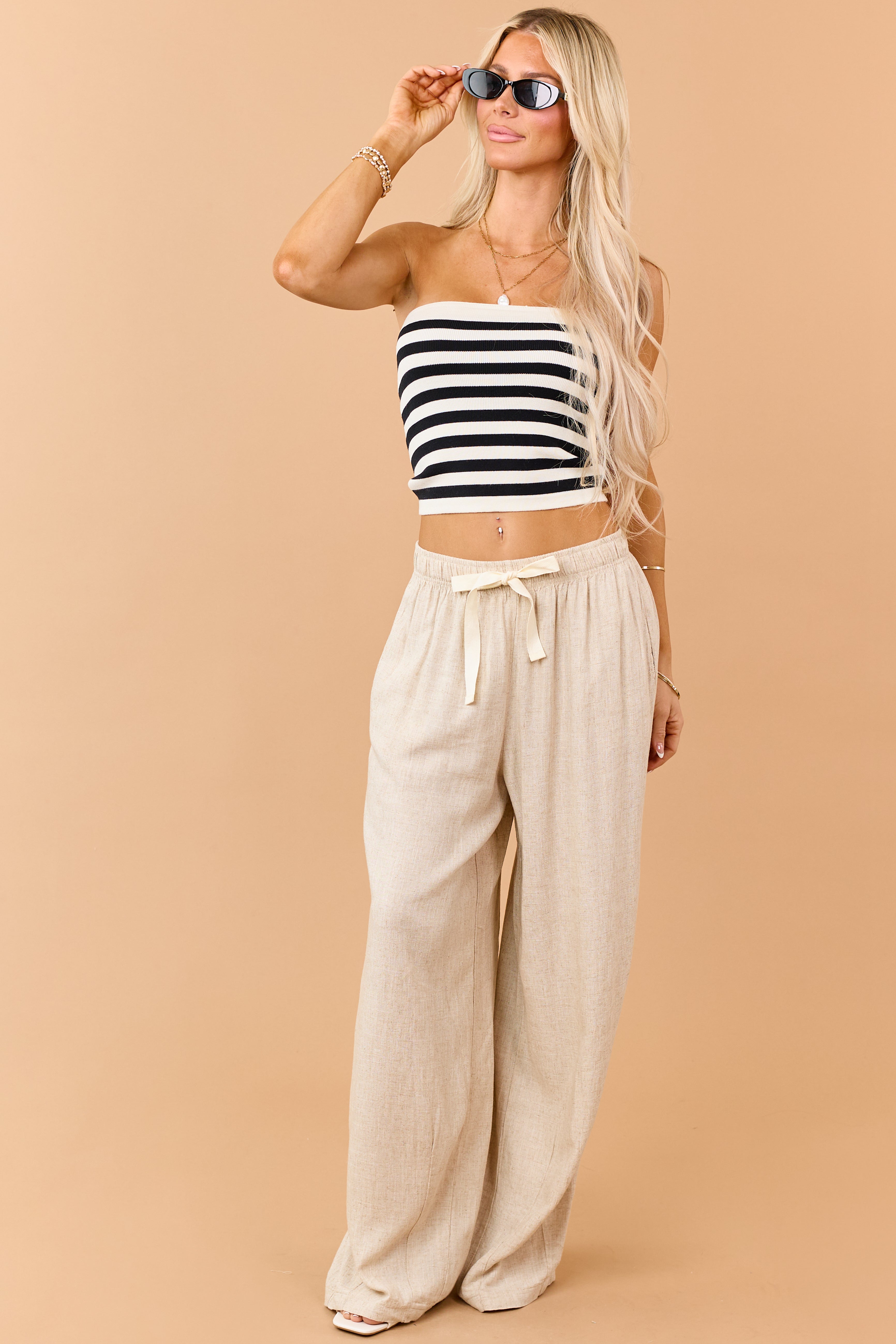Black and Cream Striped Rib Knit Strapless Top