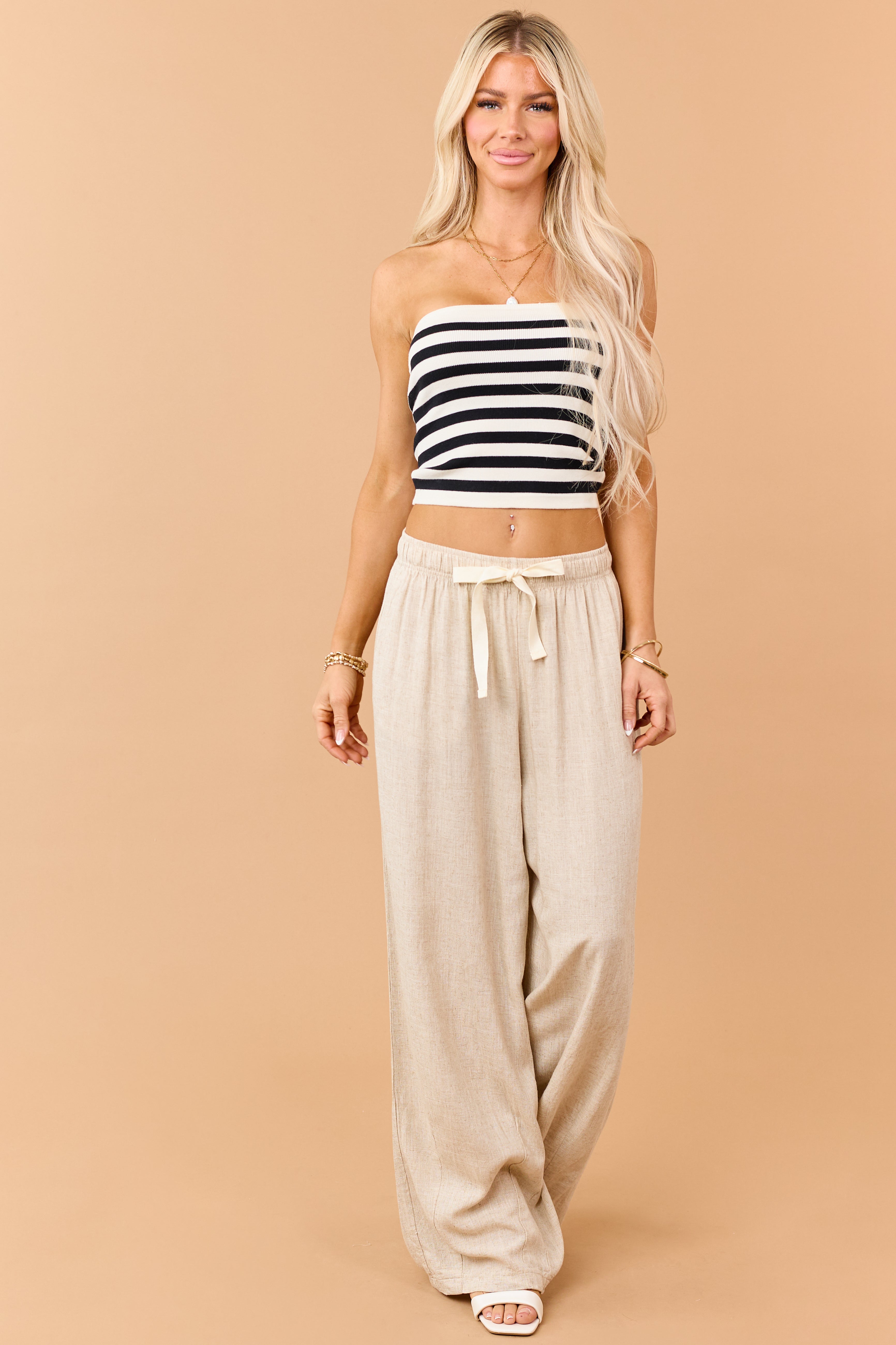 Black and Cream Striped Rib Knit Strapless Top