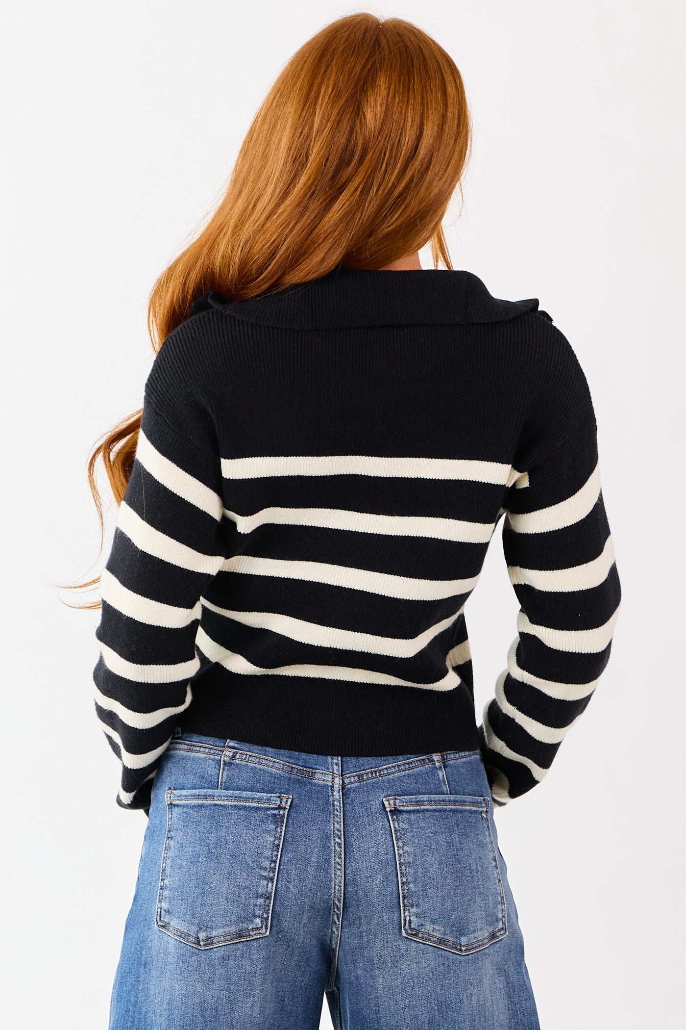 Black and Cream Striped Zip Up Sweater Jacket