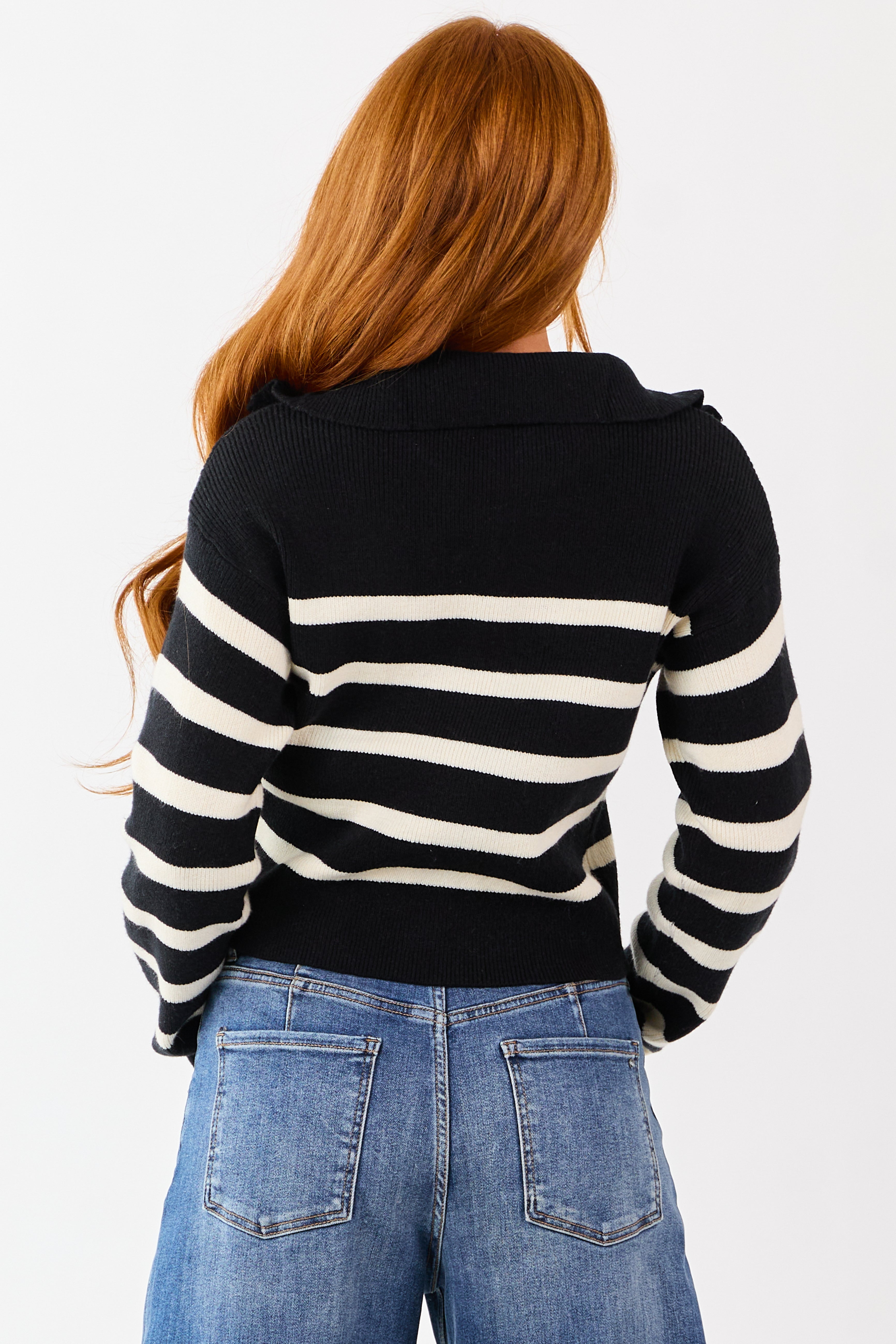 Black and Cream Striped Zip Up Sweater Jacket