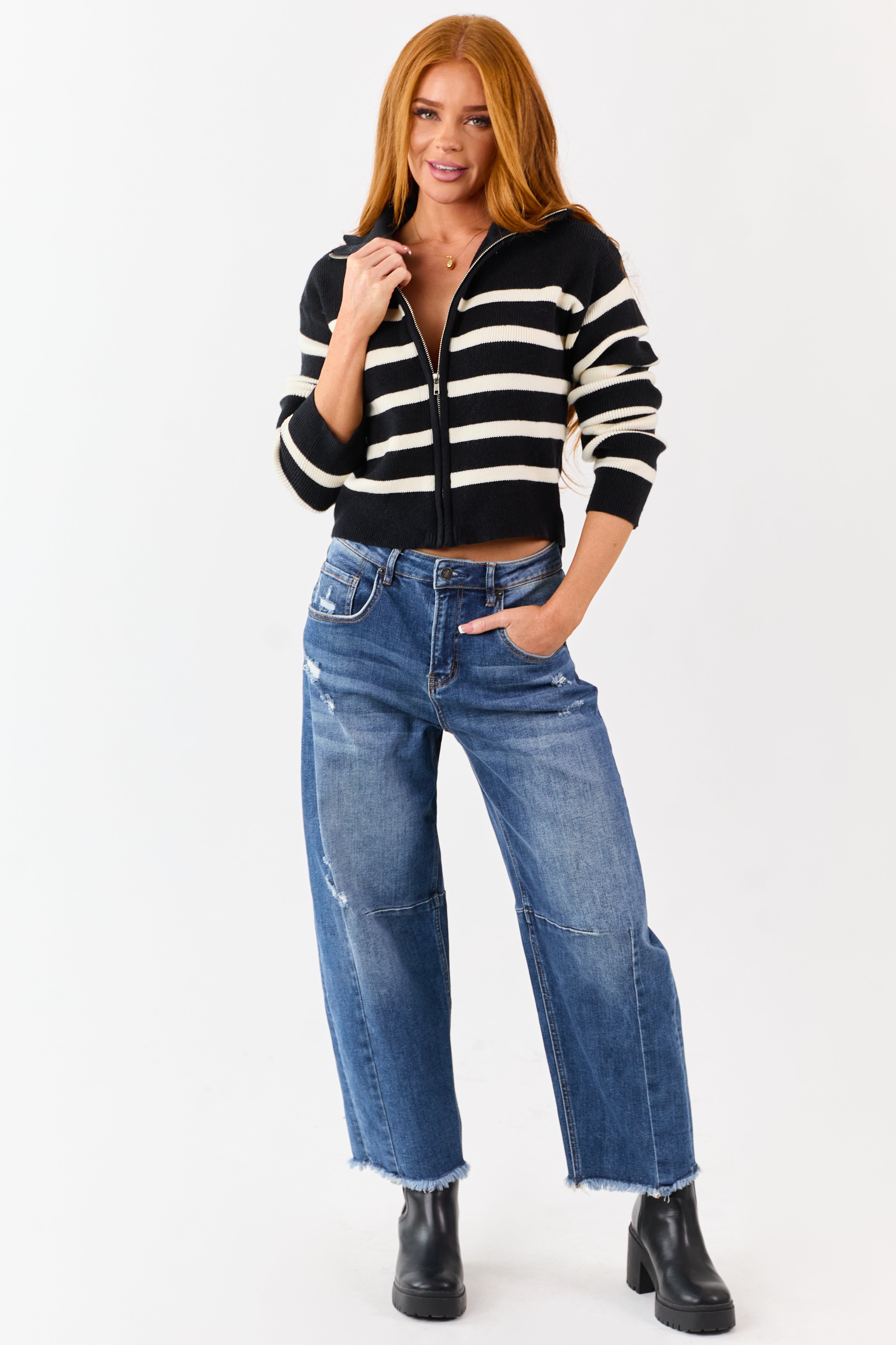 Black and Cream Striped Zip Up Sweater Jacket