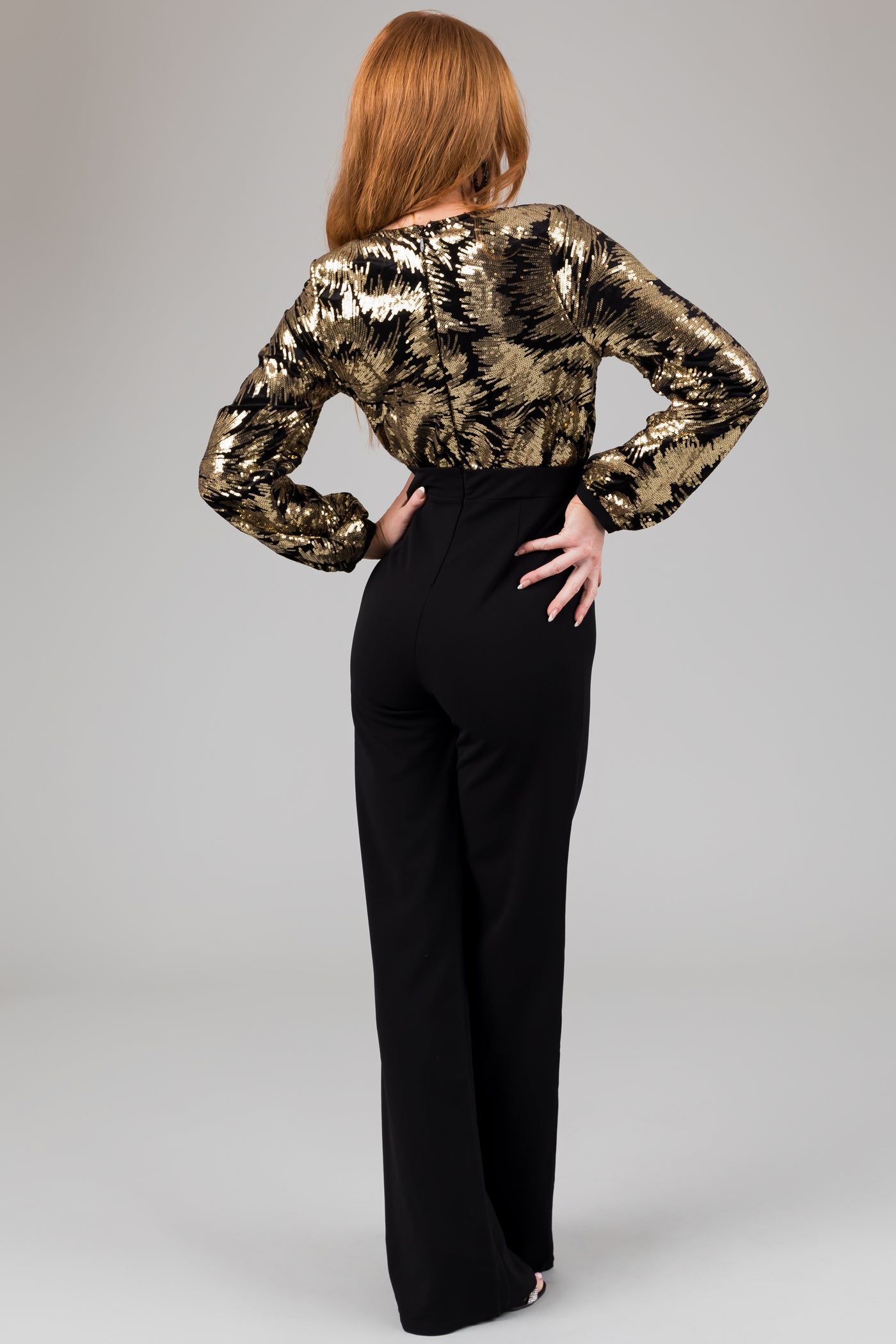 Black and Gold Sequin Long Sleeve Jumpsuit