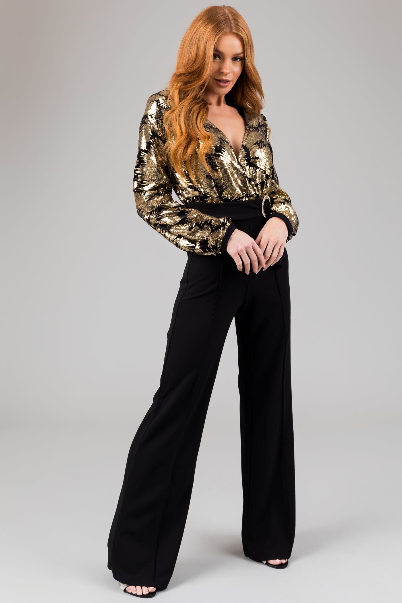 Style Pantry, Plunging Neck Bodysuit + Sequin High Waist Pants - gold and black  sequin stripe pan…