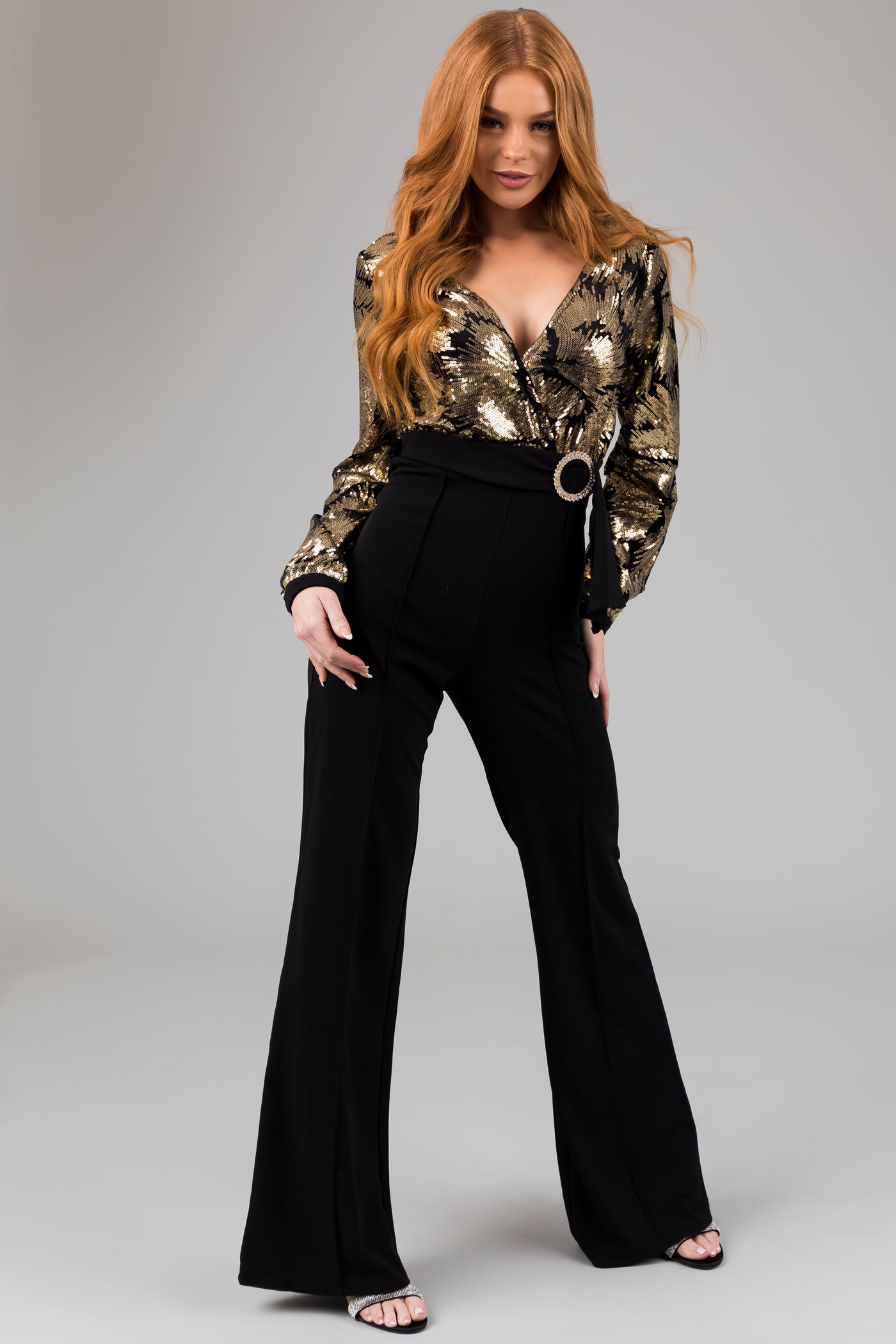 Black and Gold Sequin Long Sleeve Jumpsuit