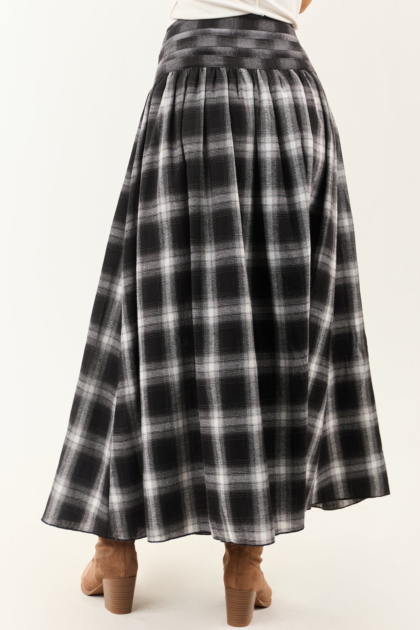 Black and Graphite Plaid Buckle Waist Maxi Skirt