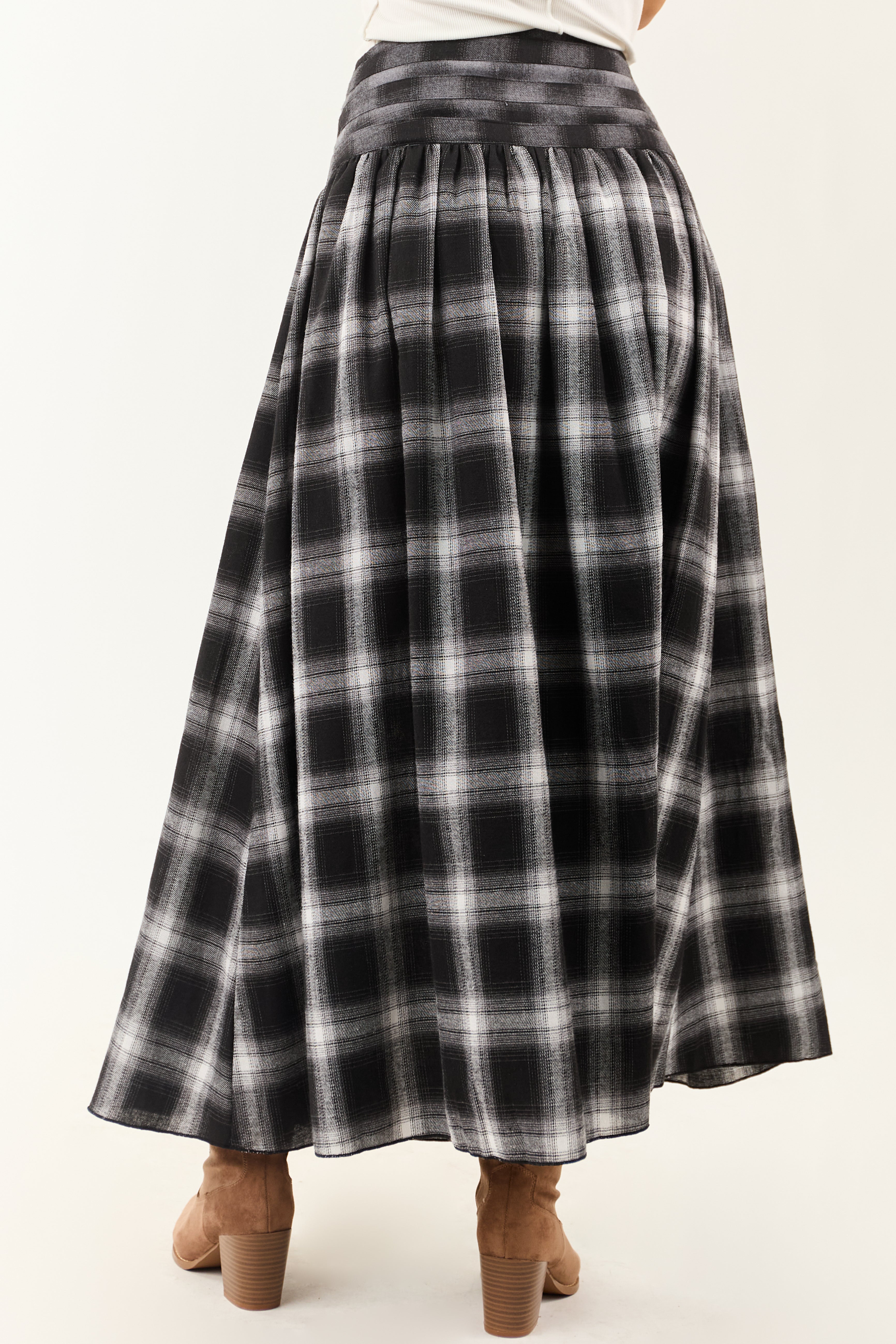 Black and Graphite Plaid Buckle Waist Maxi Skirt