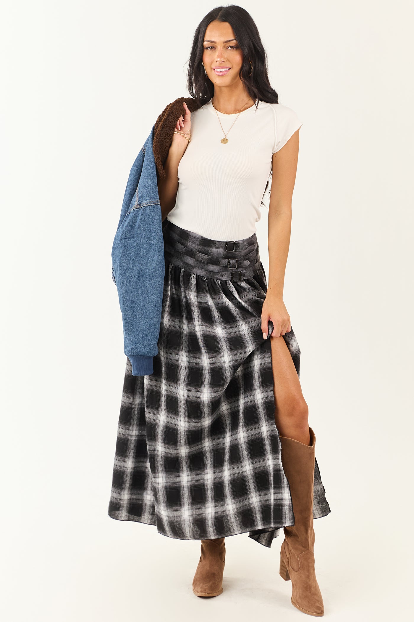 Black and Graphite Plaid Buckle Waist Maxi Skirt