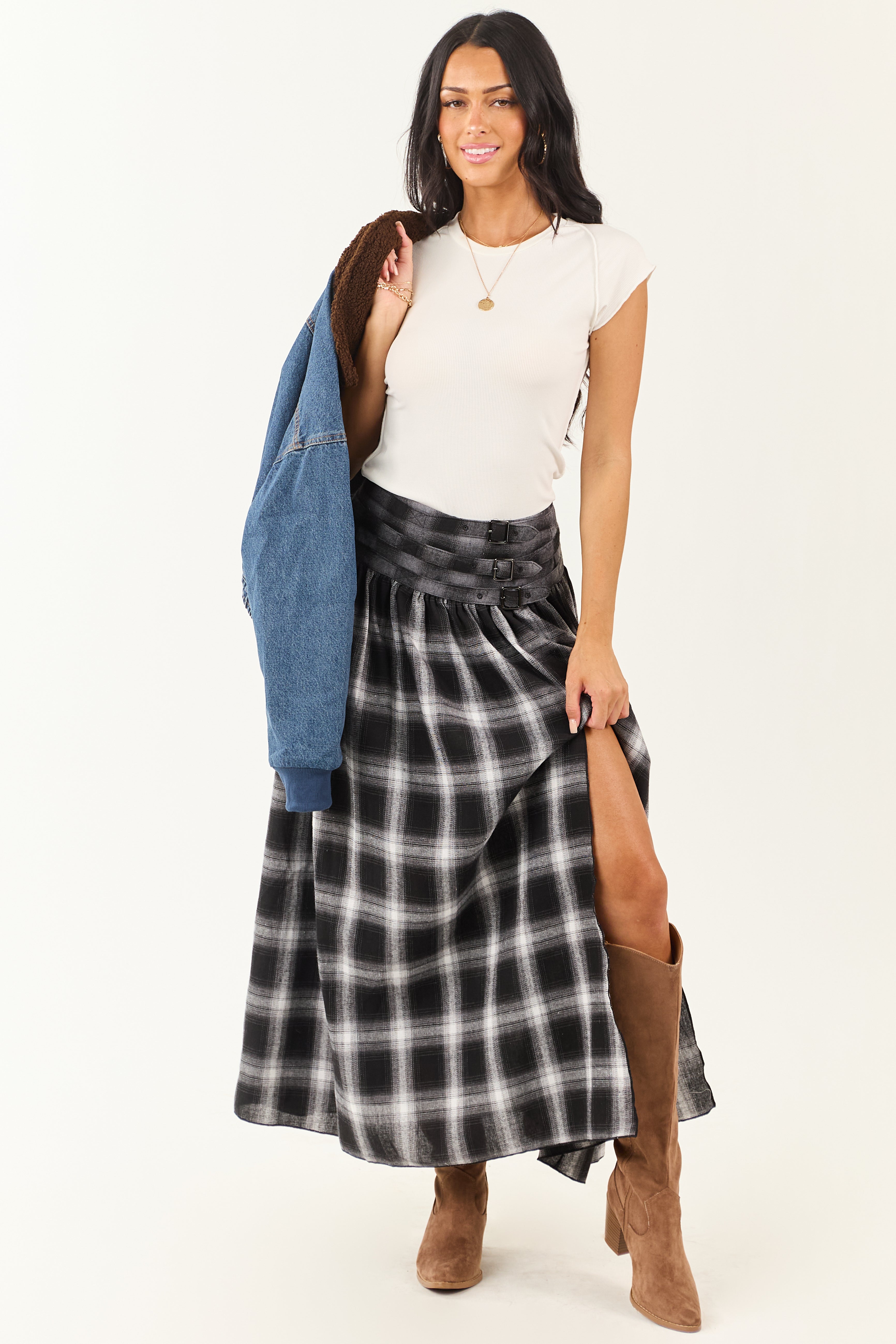 Black and Graphite Plaid Buckle Waist Maxi Skirt