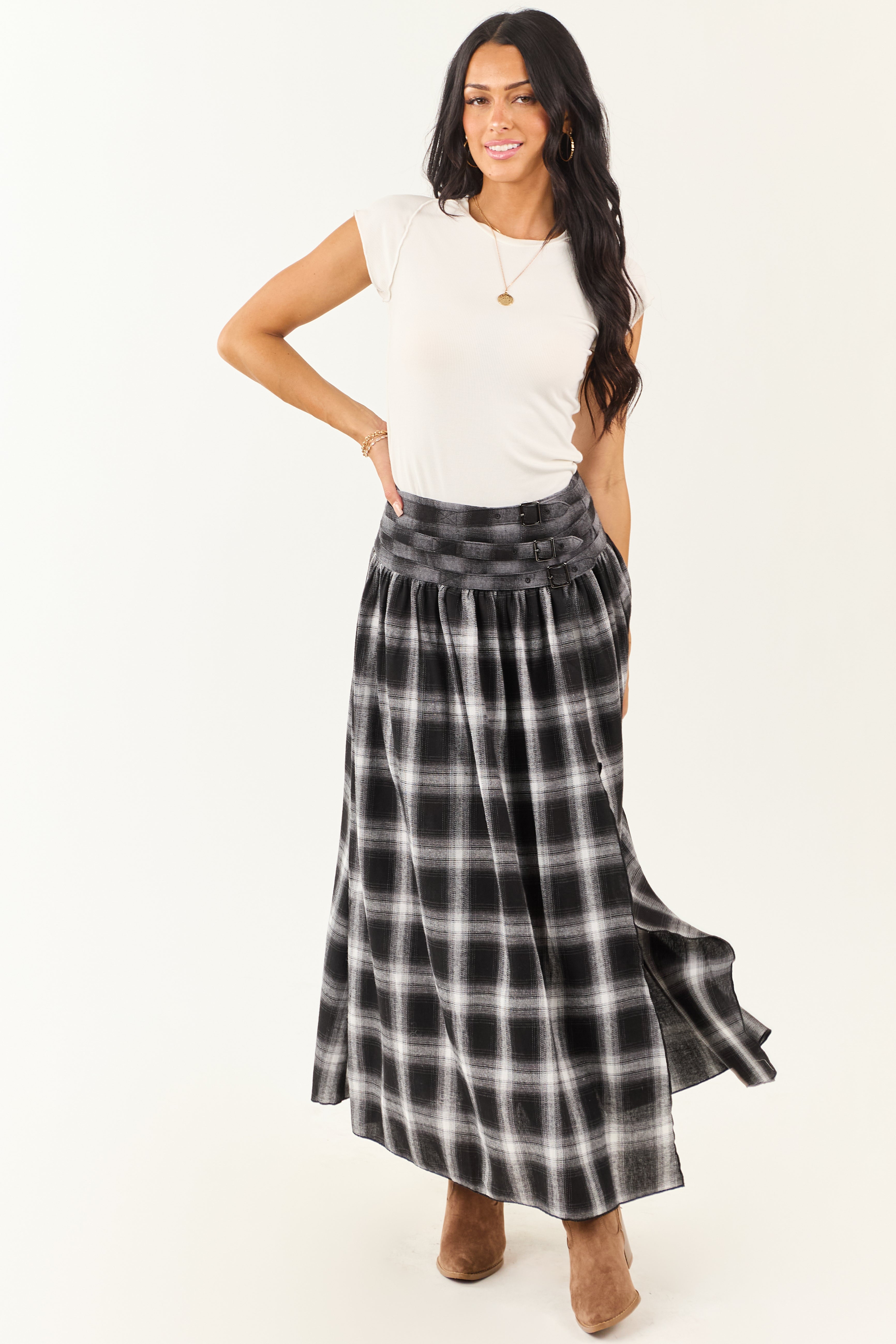 Black and Graphite Plaid Buckle Waist Maxi Skirt