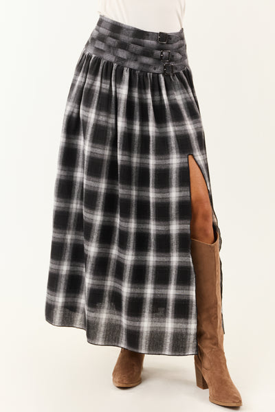 Black and Graphite Plaid Buckle Waist Maxi Skirt