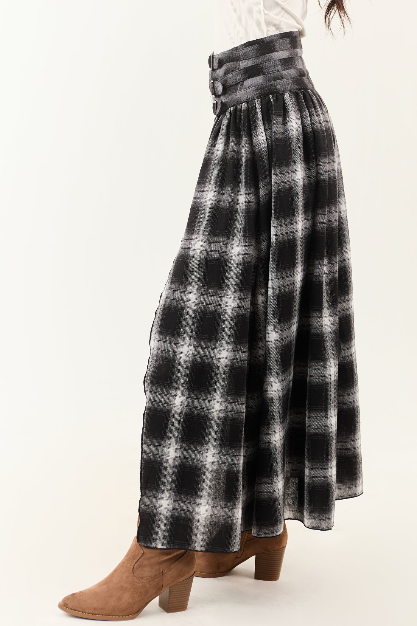Black and Graphite Plaid Buckle Waist Maxi Skirt