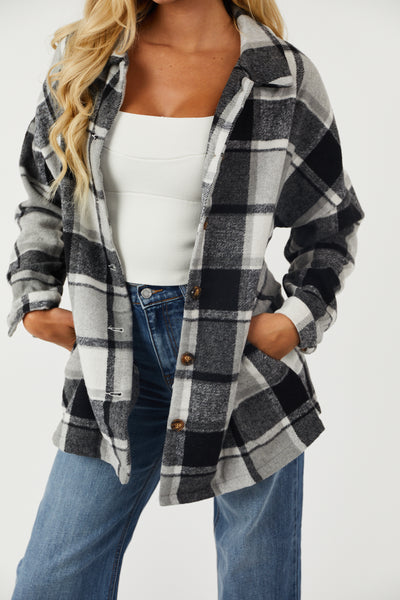 Black and Grey Plaid Collared Button Up Shacket