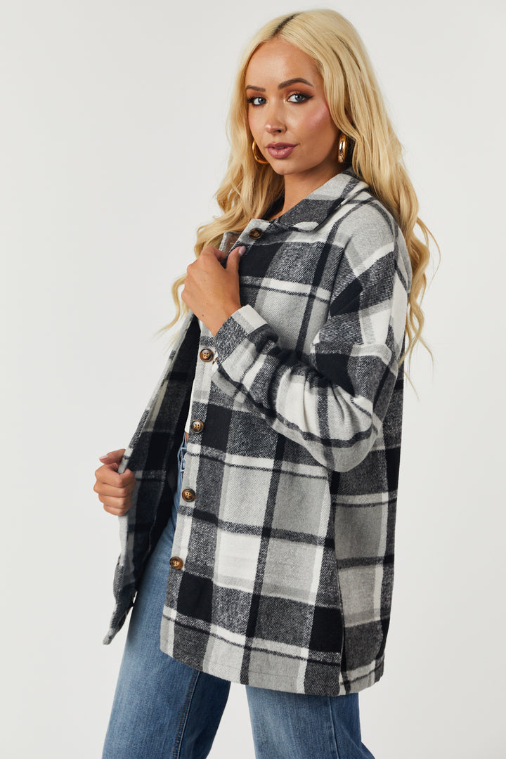 Black and Grey Plaid Collared Button Up Shacket
