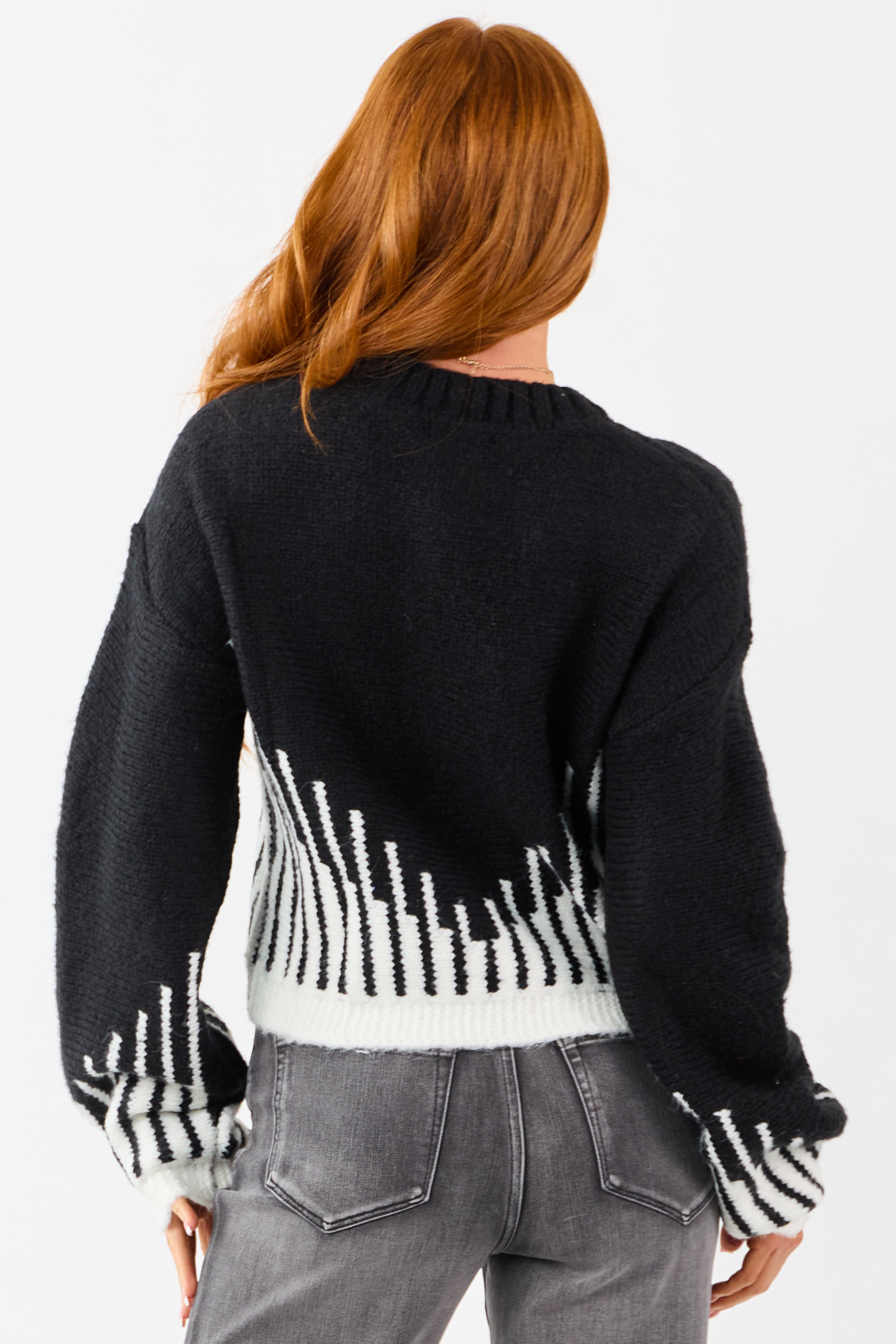 Black and Ivory Abstract Print Knit Sweater