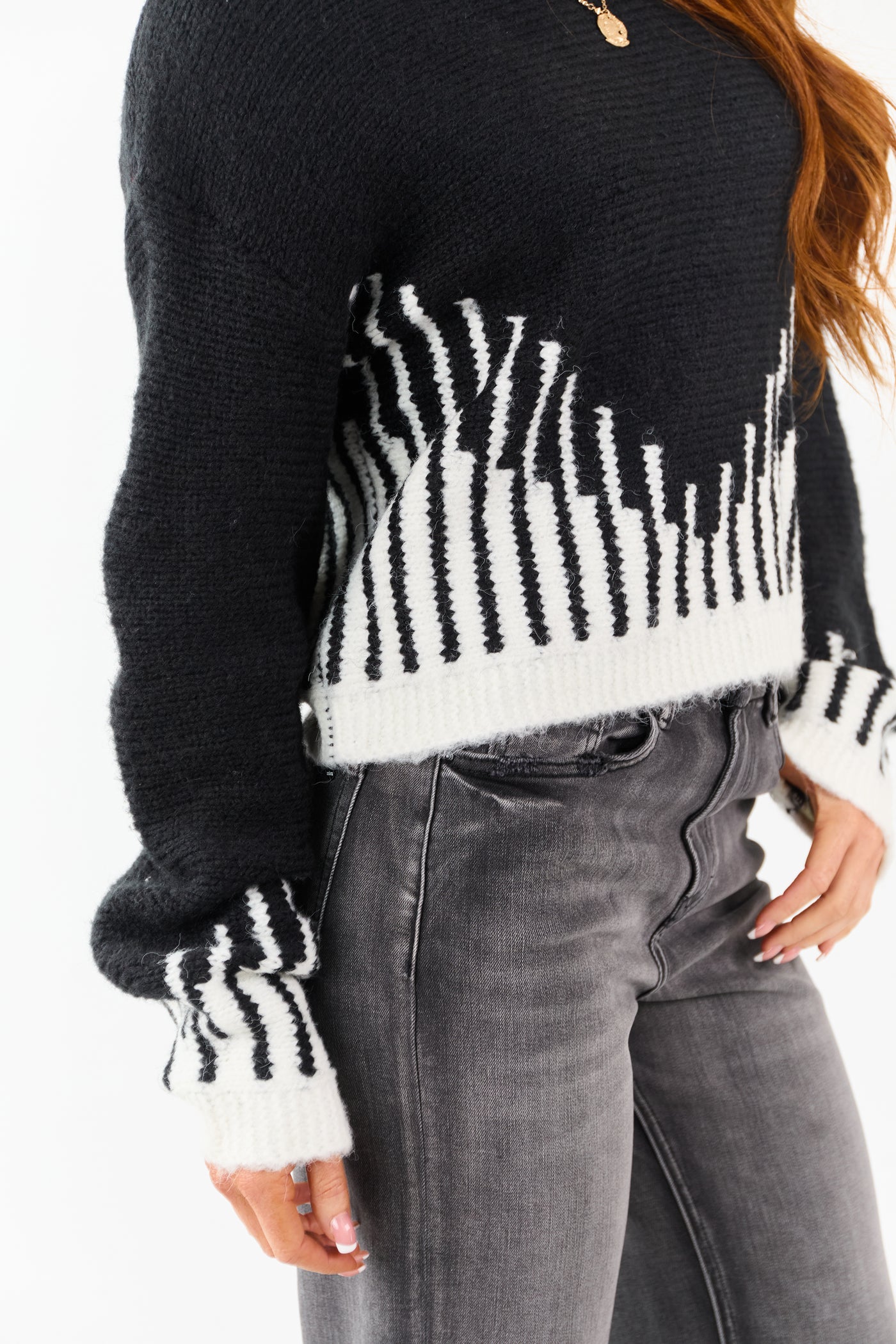 Black and Ivory Abstract Print Knit Sweater