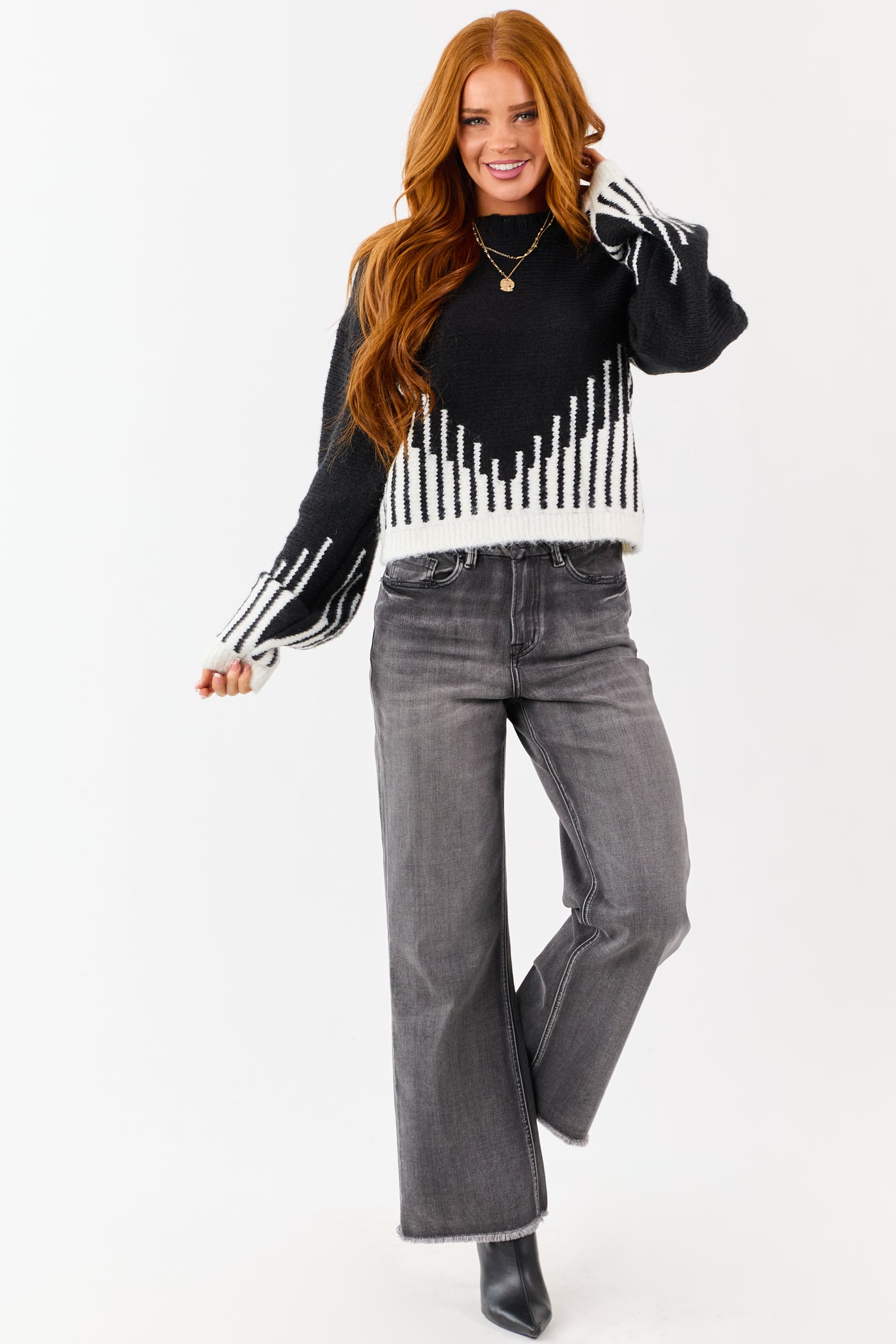 Black and Ivory Abstract Print Knit Sweater