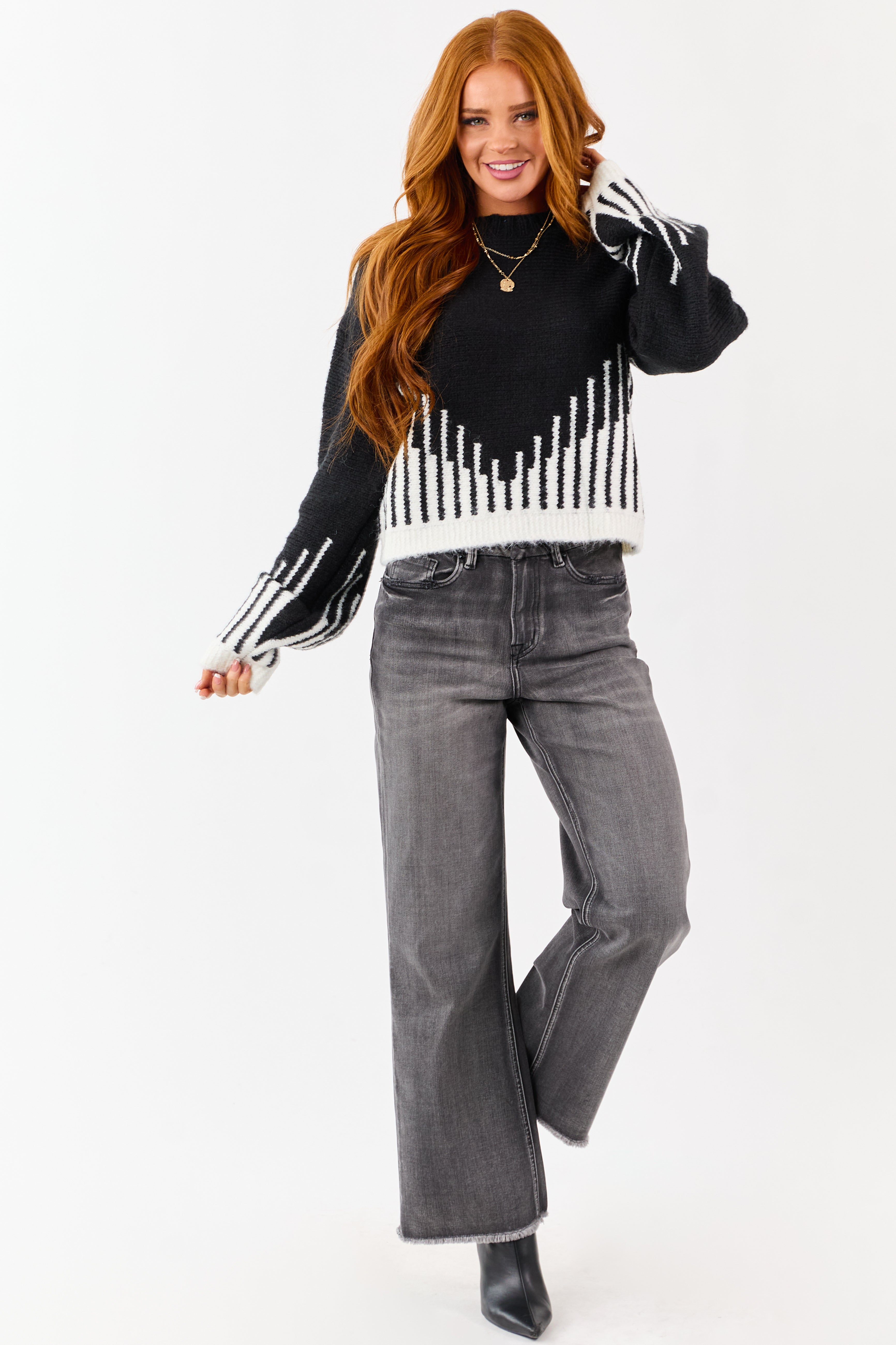Black and Ivory Abstract Print Knit Sweater
