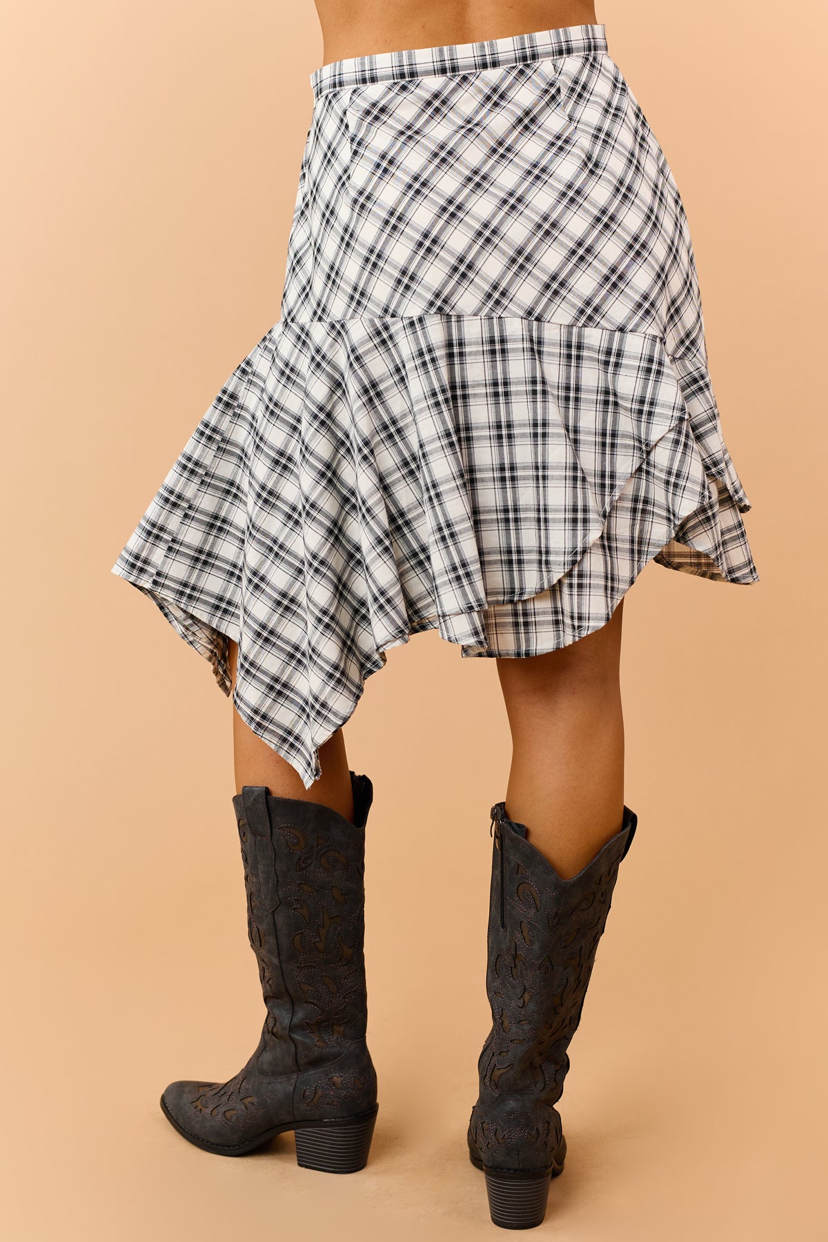 Black and Ivory Cotton Plaid Asymmetrical Hem Skirt