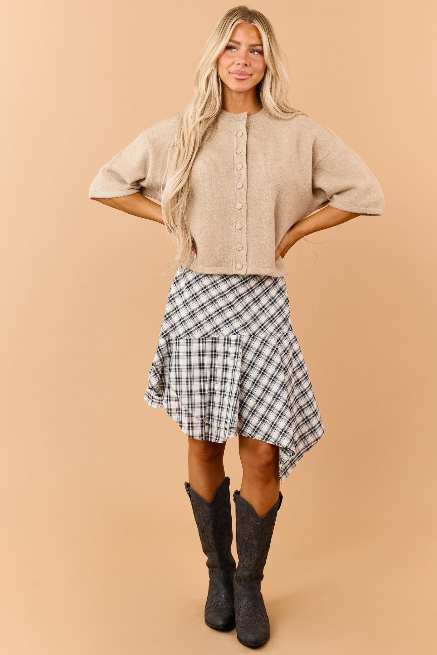 Black and Ivory Cotton Plaid Asymmetrical Hem Skirt