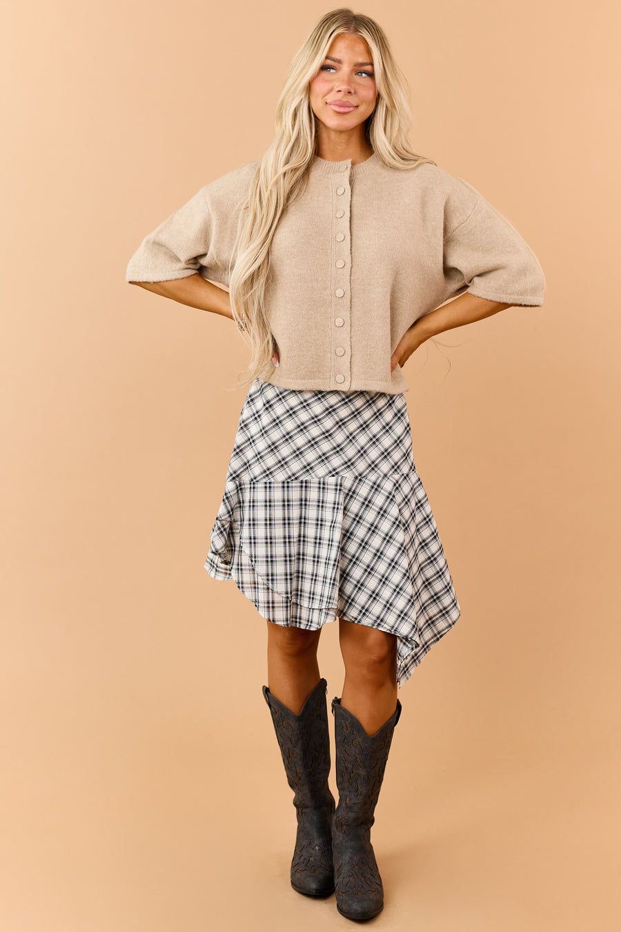 Black and Ivory Cotton Plaid Asymmetrical Hem Skirt