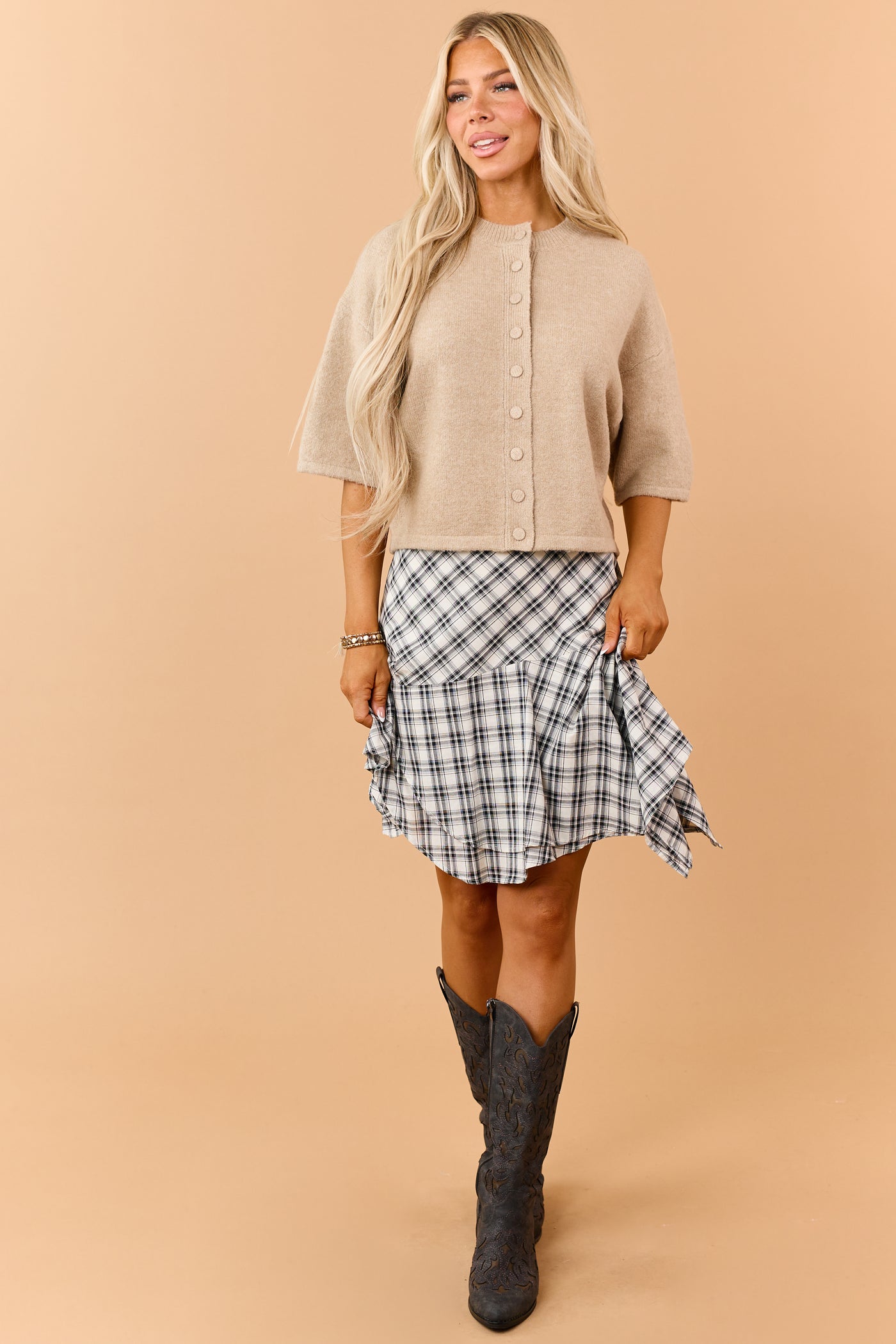 Black and Ivory Cotton Plaid Asymmetrical Hem Skirt