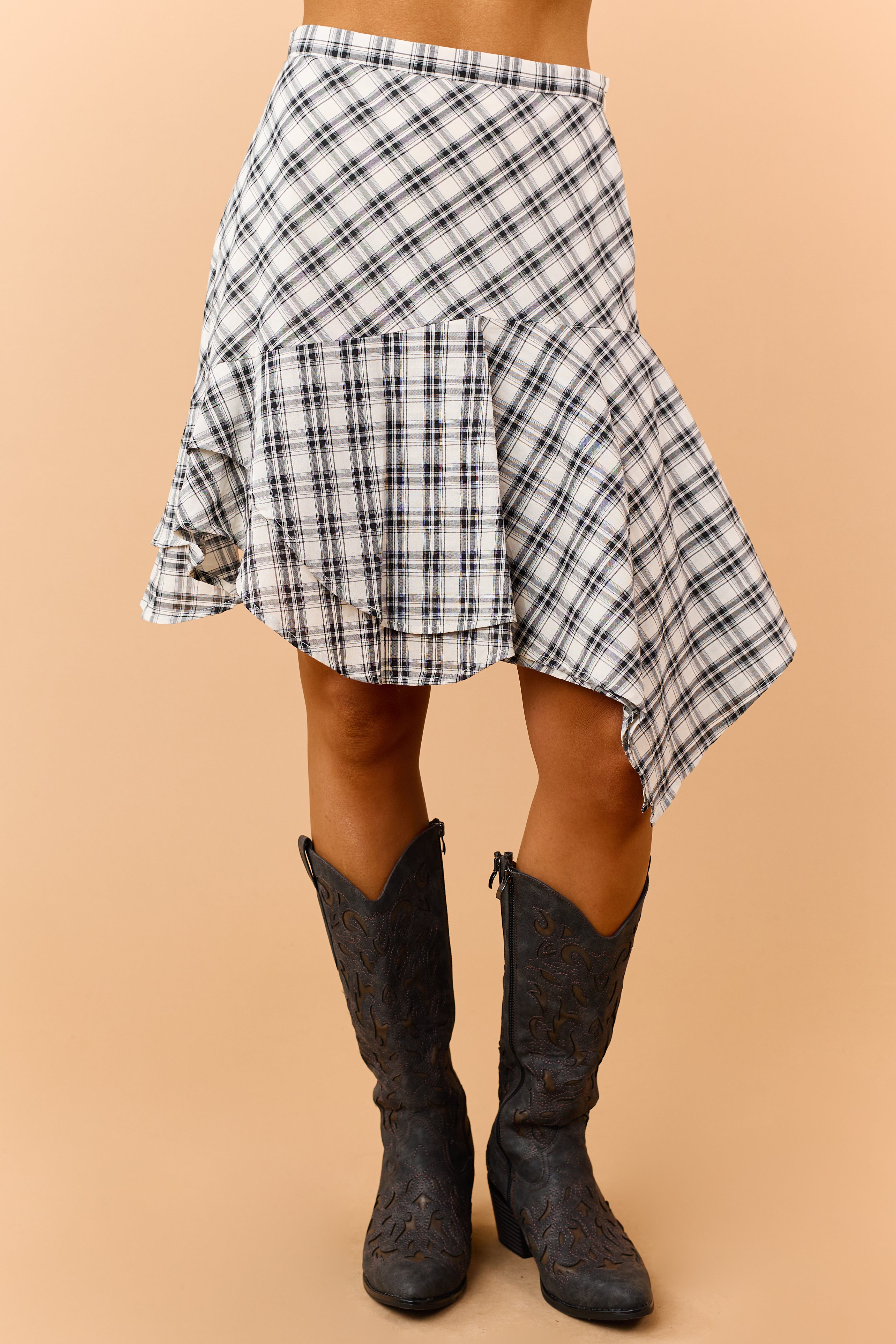 Black and Ivory Cotton Plaid Asymmetrical Hem Skirt