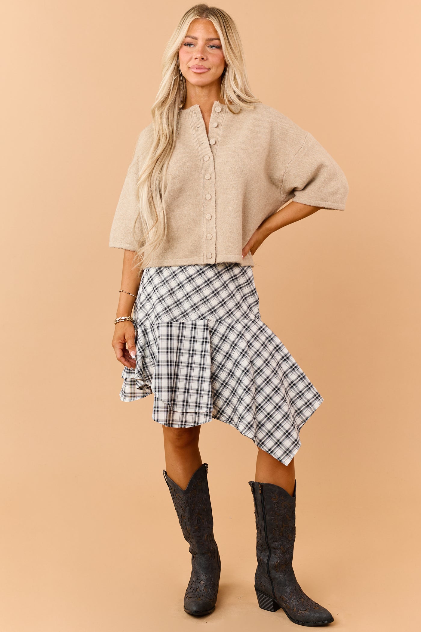 Black and Ivory Cotton Plaid Asymmetrical Hem Skirt